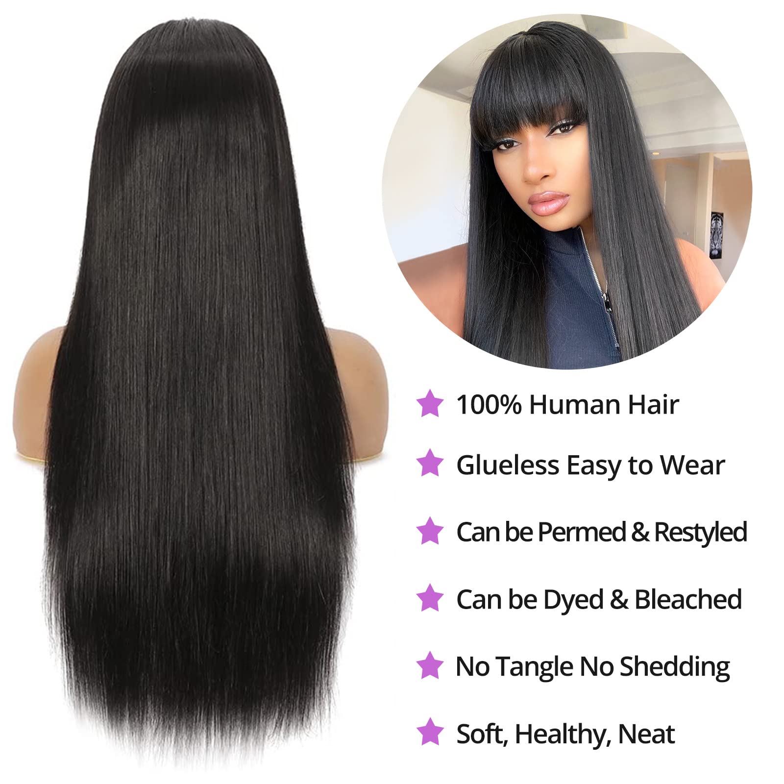 Human Hair Wigs With Bangs Straight Bang Wigs For Black Women Human Hair 150% Density Brazilian Glueless None Lace Front Wig Hum