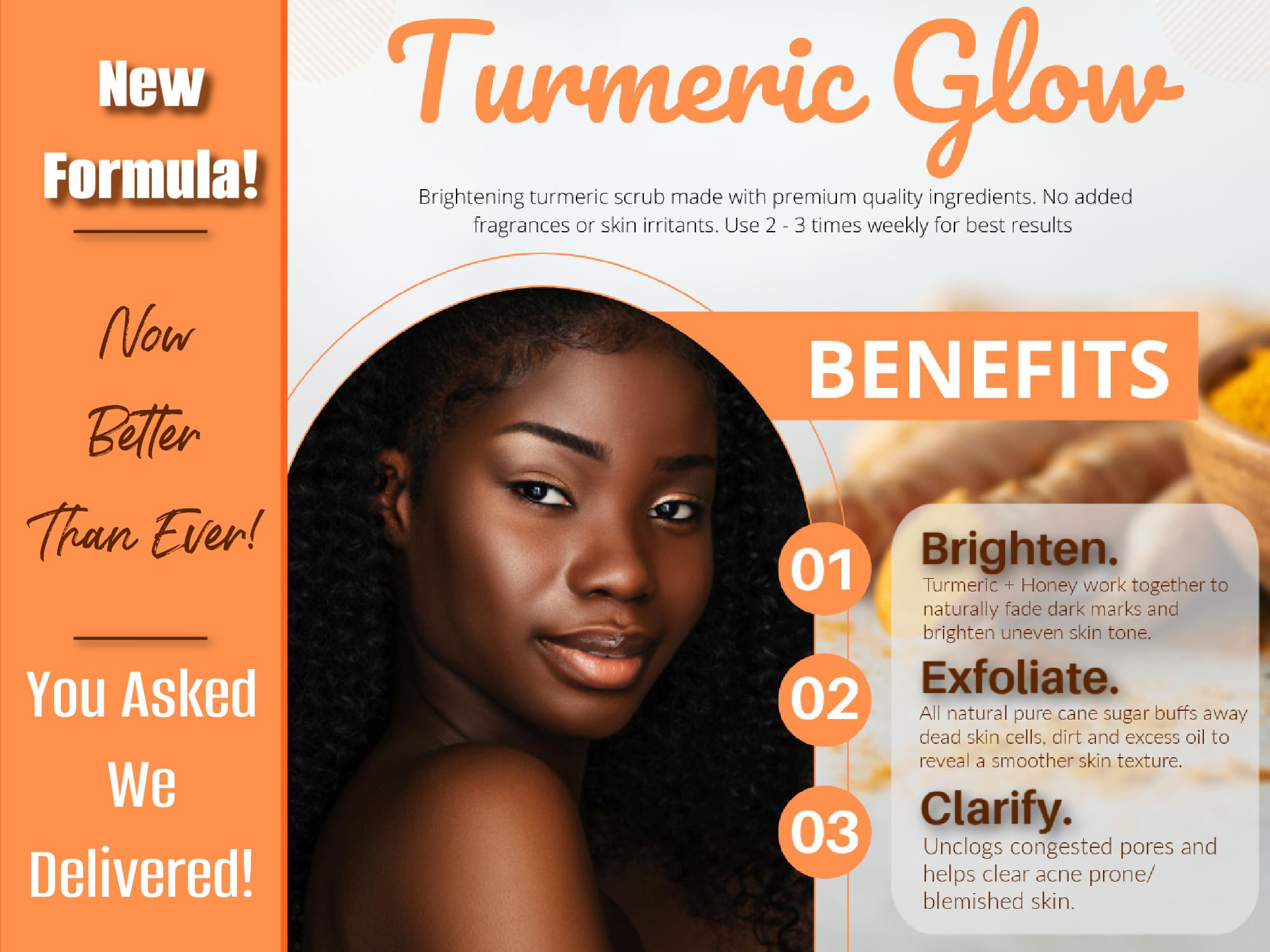 Joli Noir - Turmeric Scrub With Honey & Cinnamon - Fragrance Free Exfoliating Face Sugar Scrub - For Acne, Hyperpigmentation & D