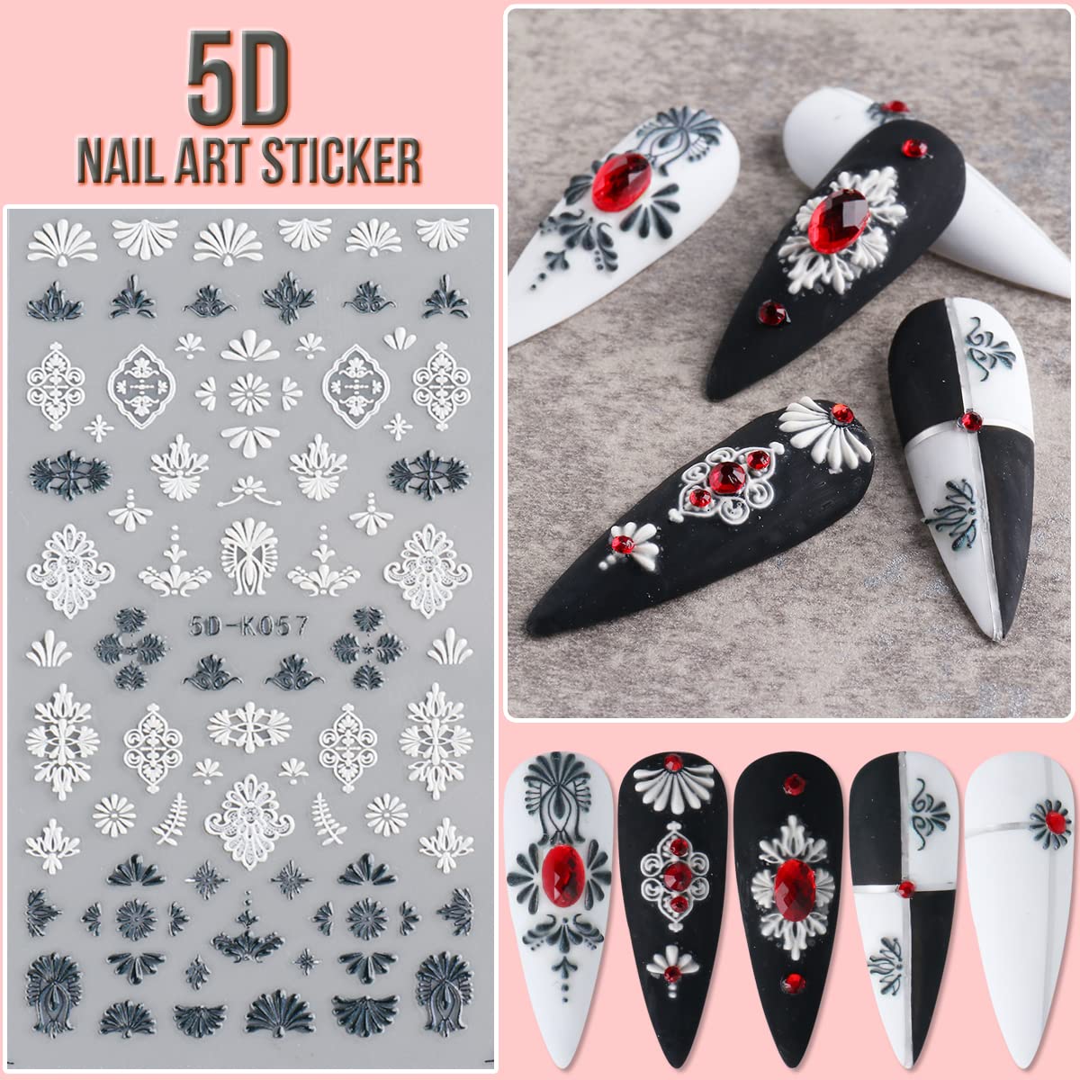 Kingmas 5D Flower Nail Art Sticker Decals Hollow Exquisite Pattern Nail Art Supplies Self-Adhesive Luxurious Diy Nail Art Decora