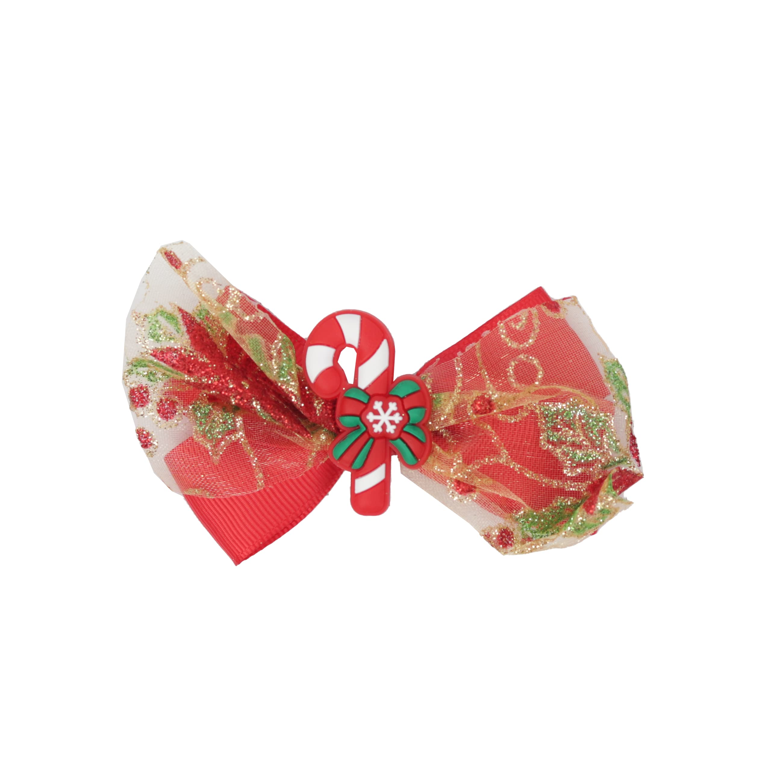 Hair Bow Sparkle Christmas Bow with Silicone Charm - Red Candy Cane