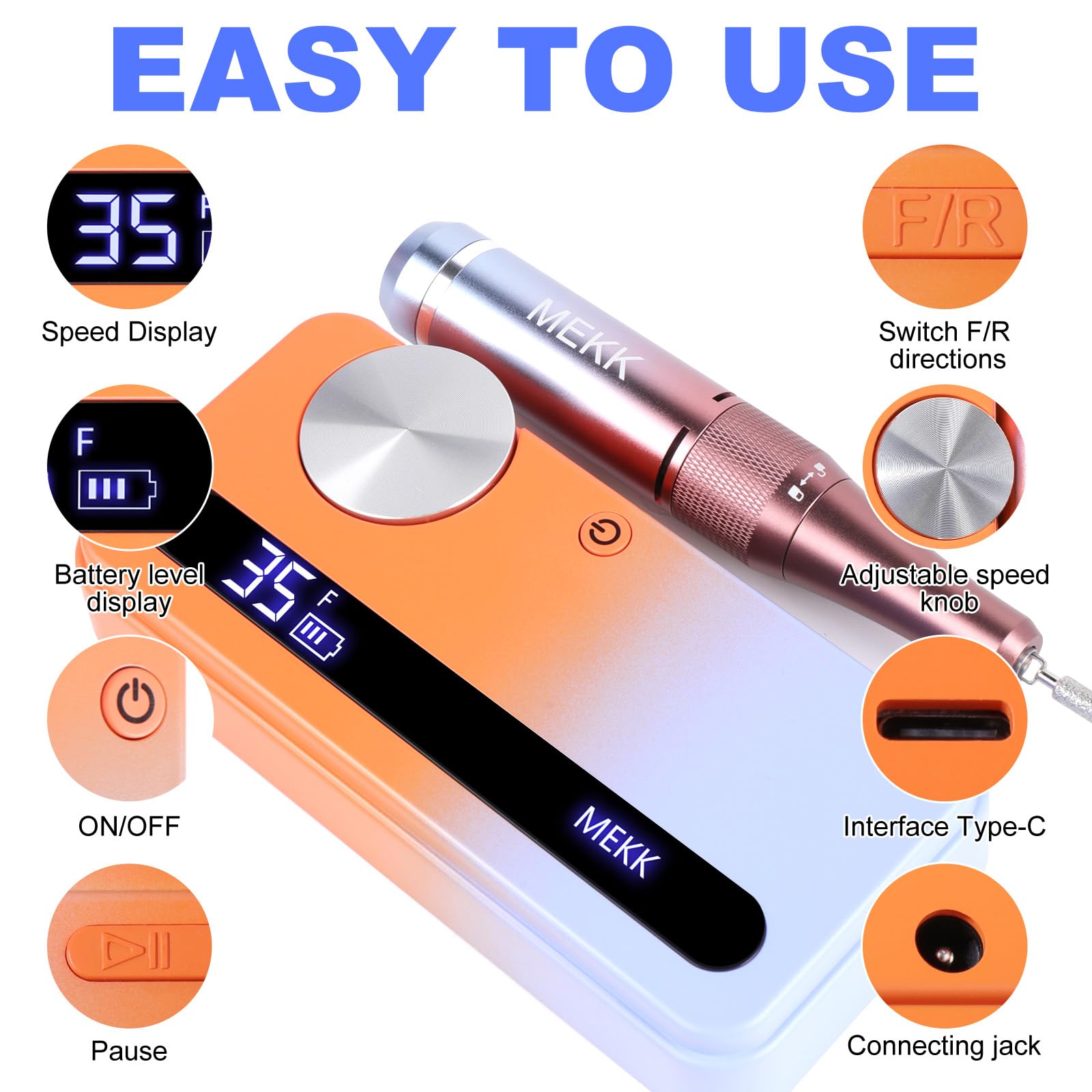 Mekk Rechargeable Nail Drill Cordless Nail Drill Machine 35000Rpm Nail Drill For Acrylic Nails,Professional Nail Drill Kit With