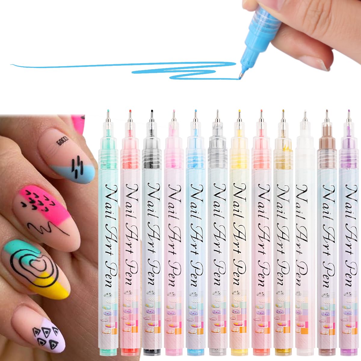 Nail Art Graffiti Pen Set 12Pcs Waterproof Painting Marker Pen Black White Drawing Gel Liners Quick Dry Dotting Pen Nails Profes
