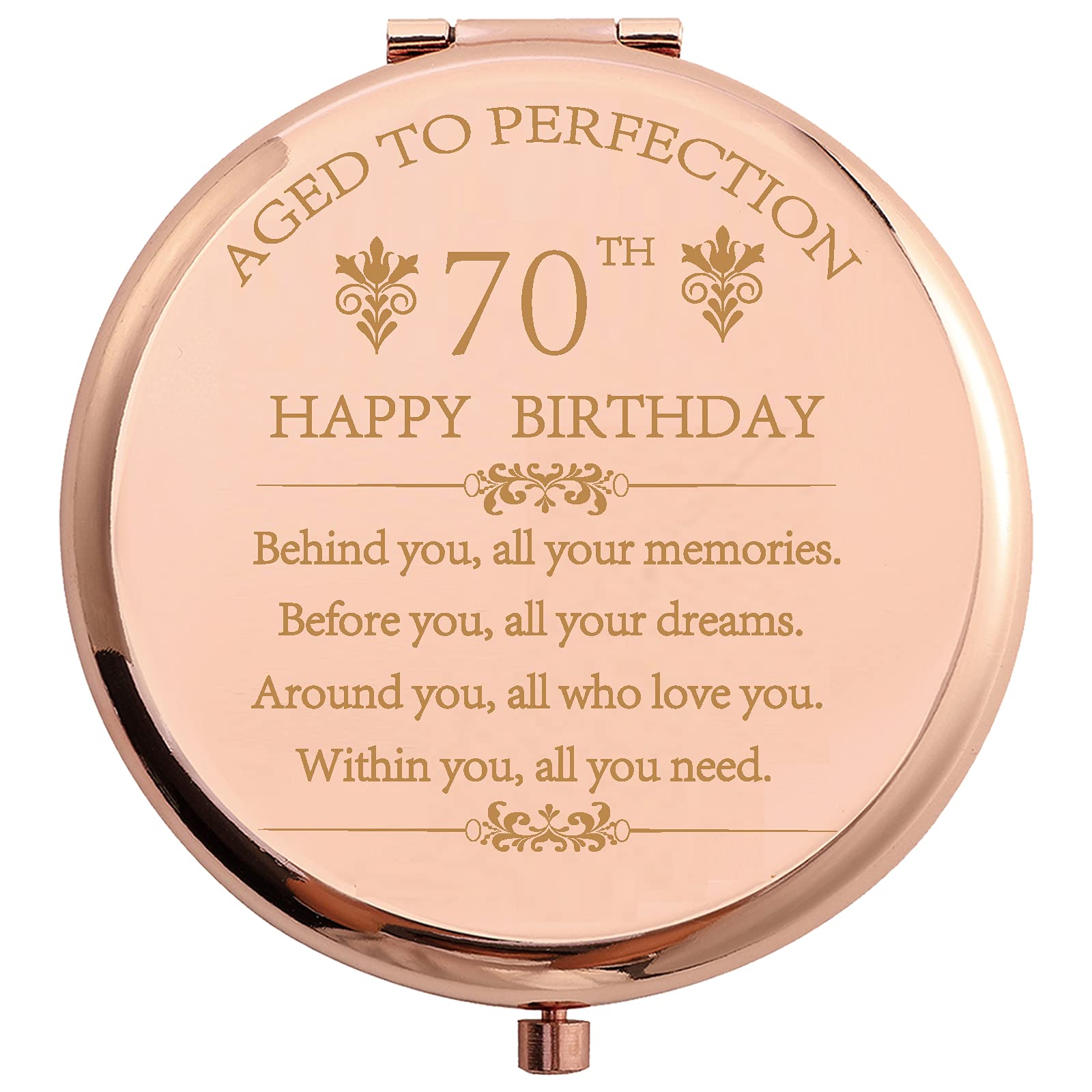 COFOZA 1955 70th Birthday Gifts for Woman Stainless Steel Rose Gold Compact Pocket Travel Makeup Mirror 70 Years Old Inspiration