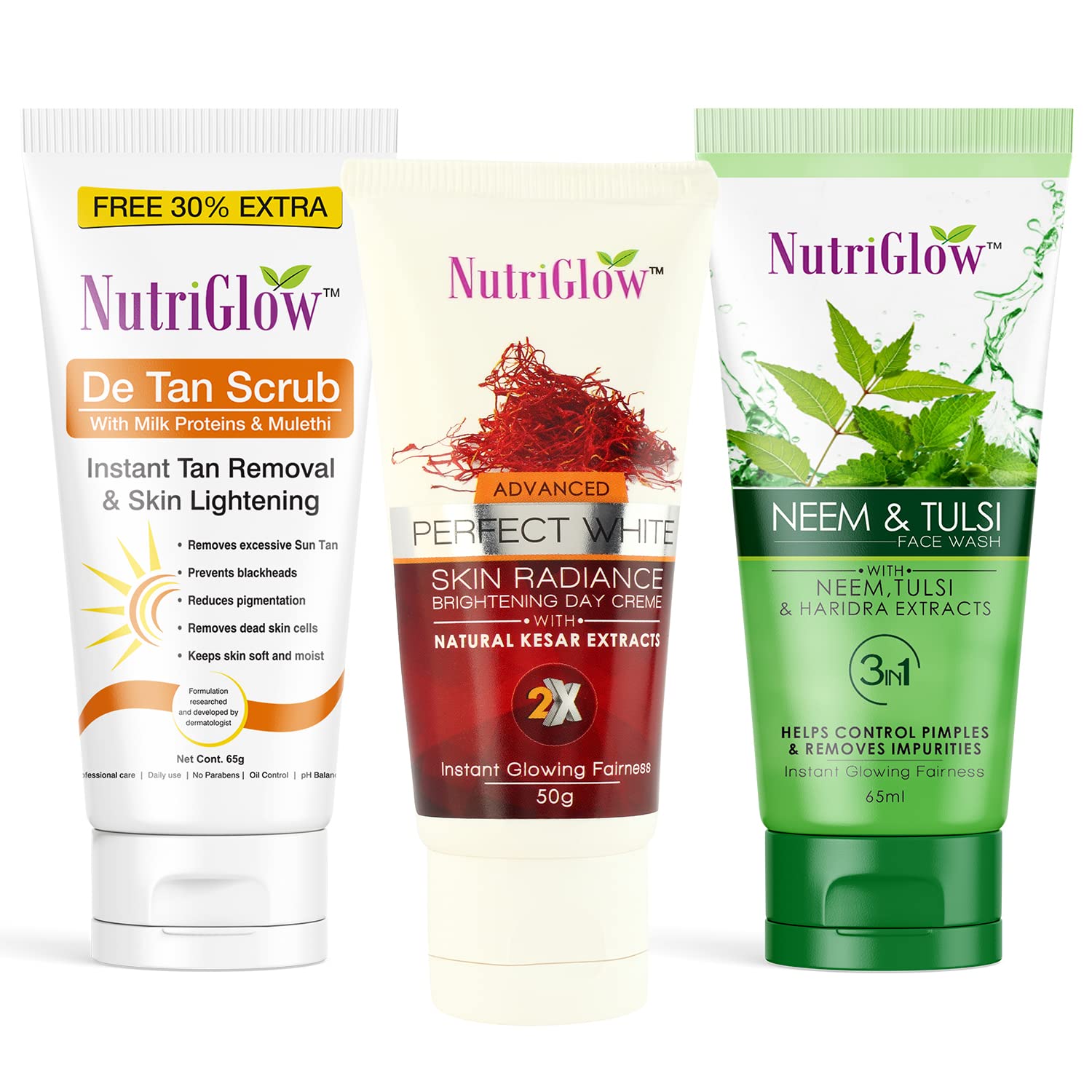 Nutriglow Neem&Tulsi Face Wash (65Ml) / Clear Pimples + DeTan Scrub(65G)/ Remove Tan + Skin Radiance Brightening Day Cream (50G