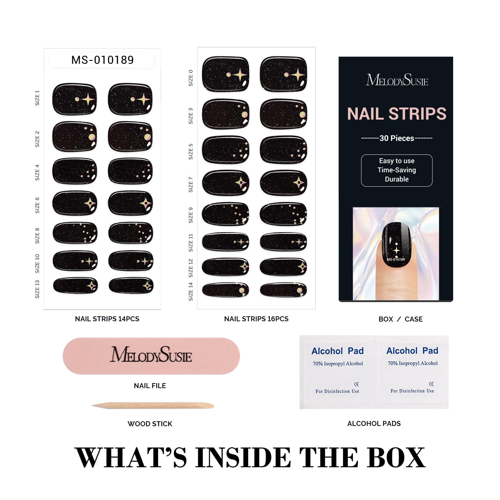 Melodysusie Semi Cured Gel Nail Strips (Dark Glitter Stars)- Works With Nail Lamp, Salon-Quality, Long Lasting, Easy To Apply &