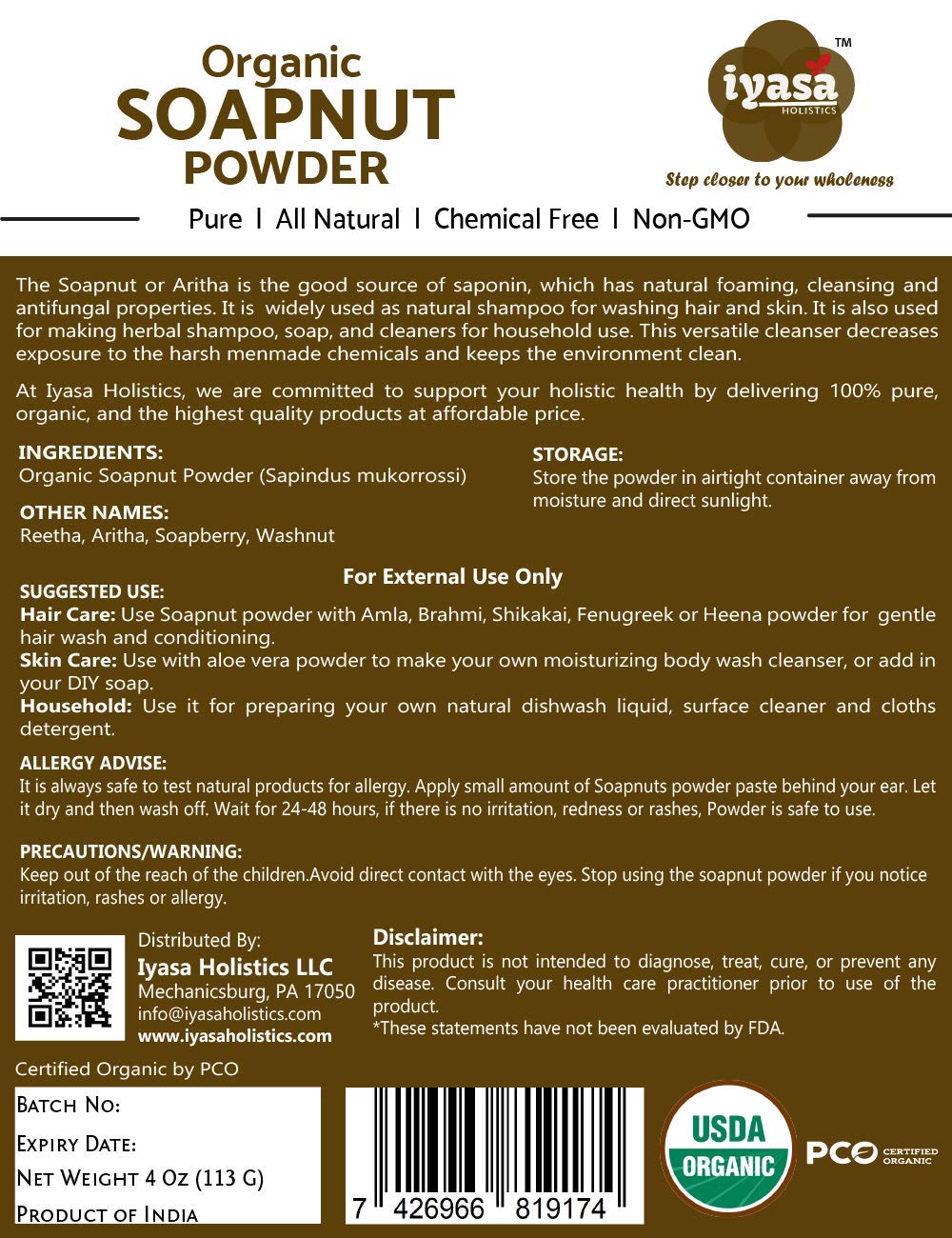 Organic Soapnut Powder, 4Oz Trial Pack, Aritha, Reetha,Sapindus Mukorossi,Natural Skin & Hair Cleanser Shampoo & Conditioner,Lau
