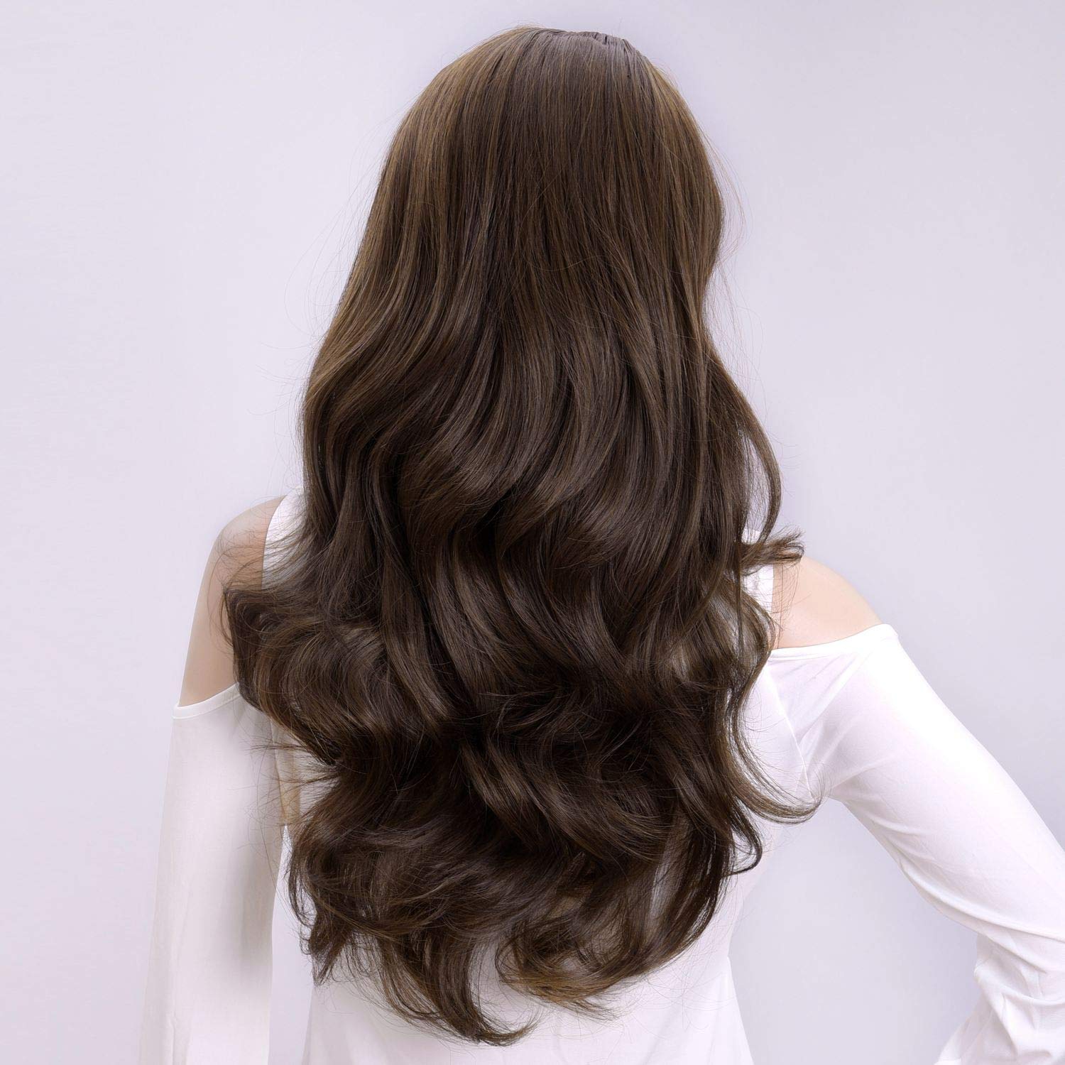 Kori Koli 24 Inch Wavy 3/4 Half Wig Long Darkest Brown Synthetic Hair Extensions Capless Wigs Hair Clips Extension For Women 210
