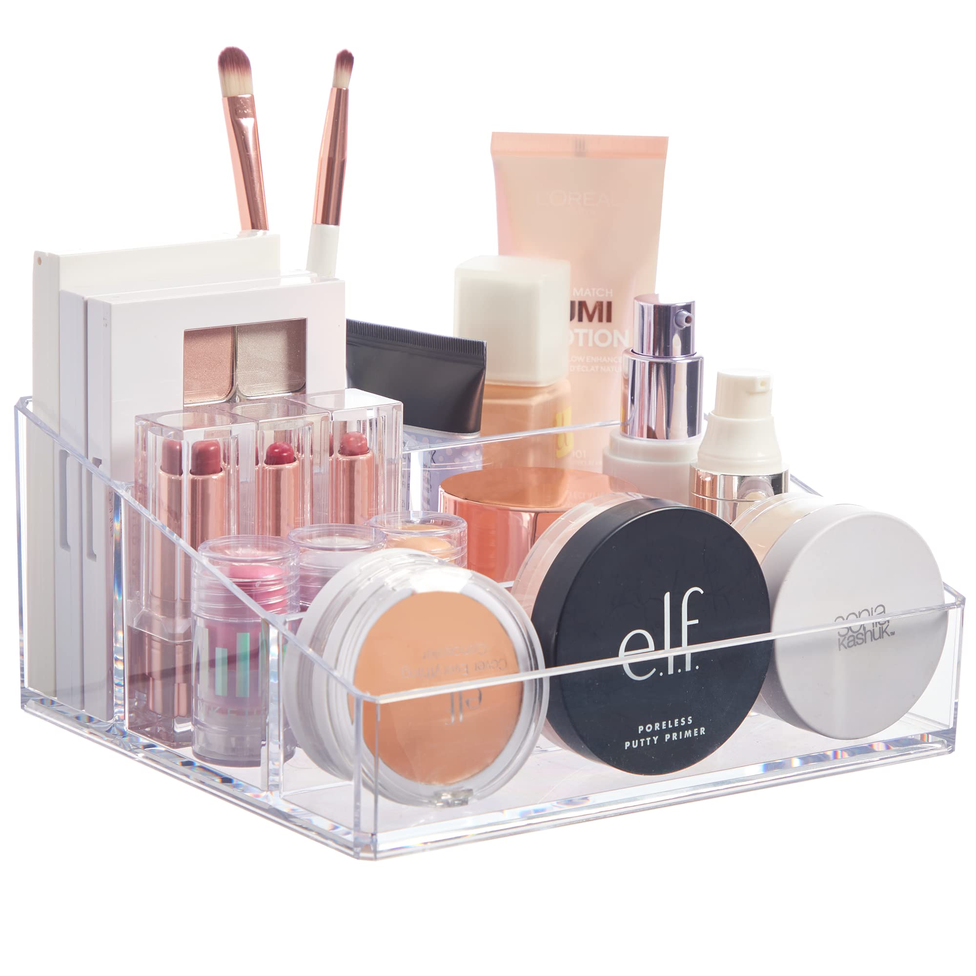 Stori Clear Plastic Vanity Makeup Organizer  Compact Rectangular 4-Compartment Holder For Brushes, Eyeshadow Palettes, & Beauty