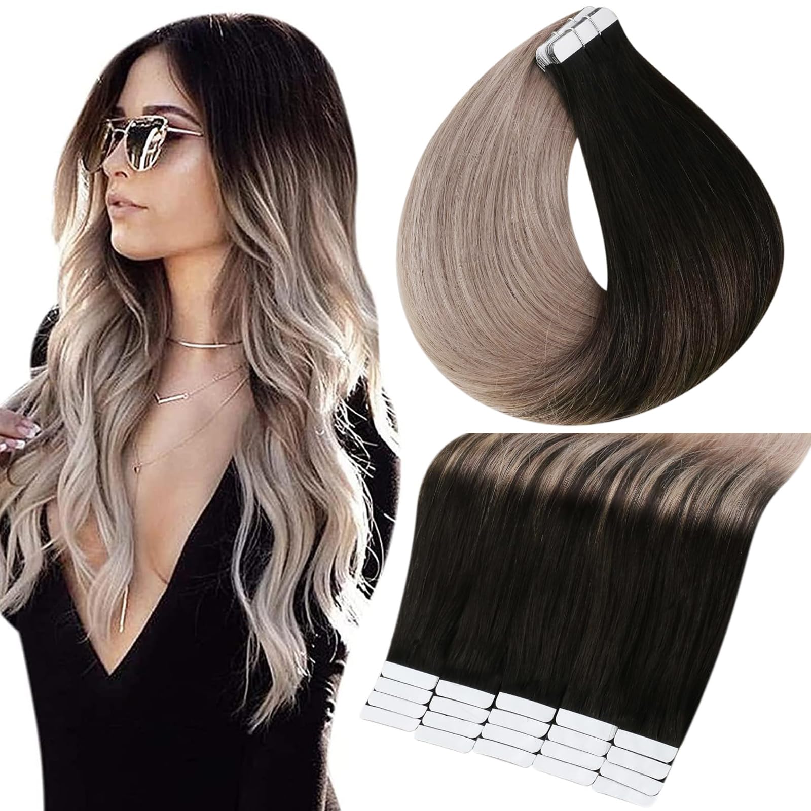 Full Shine Tape In Hair Extensions Human Hair Off Black 1B Fading To 18 Ash Blonde Balayage Tape In Human Hair Extensions 20Pcs