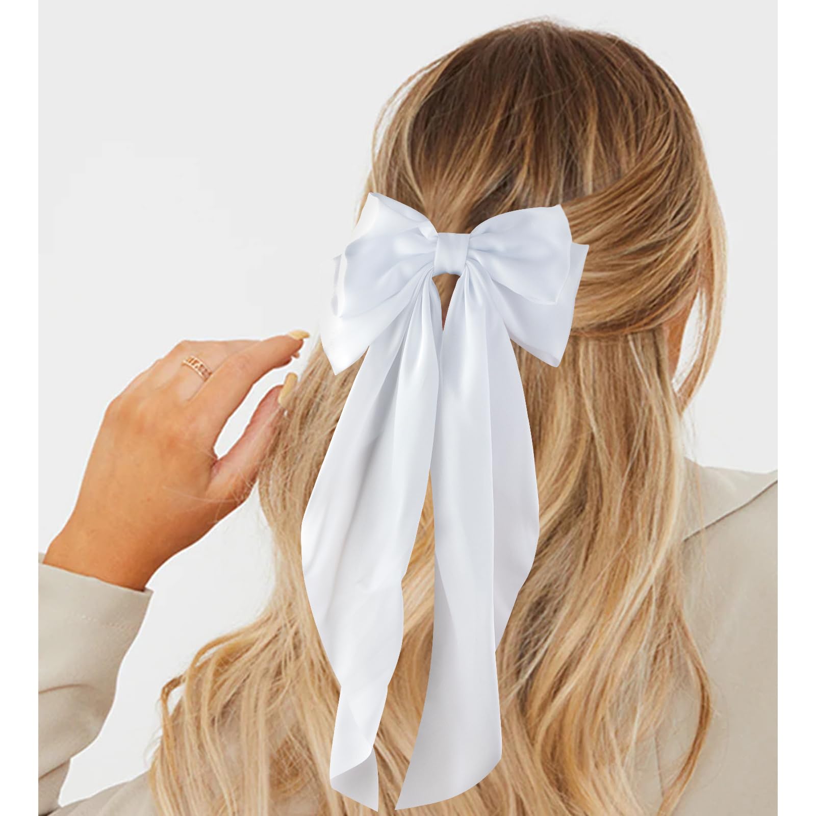 Canitor Hair Bows For Women Silky Satin Hair Ribbon Hair Barrettes Clip Oversized Long Tail Black White Hair Bows Cute Aesthetic