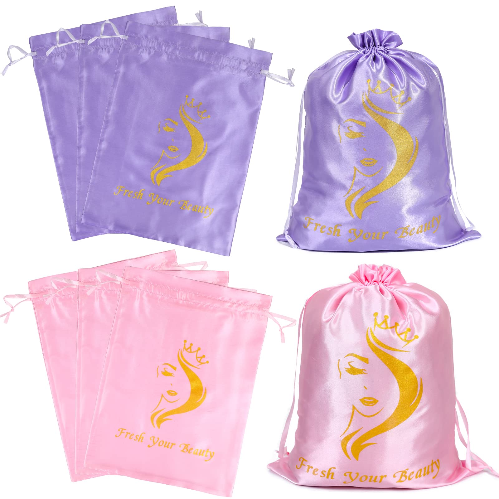 6pc Satin Wig Bags - Drawstring Silk Storage for Wigs, Extensions & Gifts (Mix Purple & Pink)
