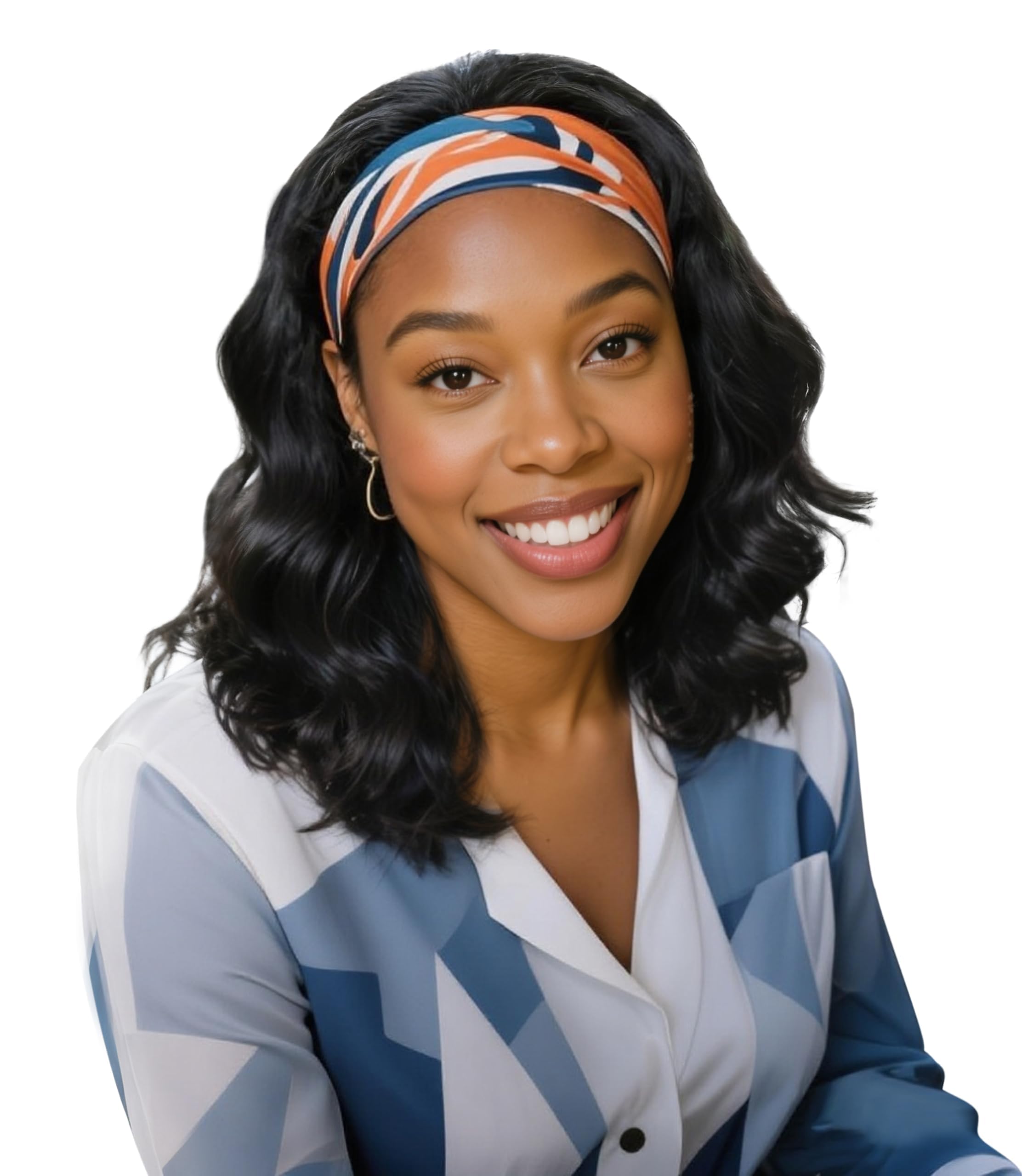 QUEENTAS 14 Inch Water Wave Curly Headband Wig, 1B Natural Black Synthetic Hair for Black Women, Glueless Wear and Go Beginner-F