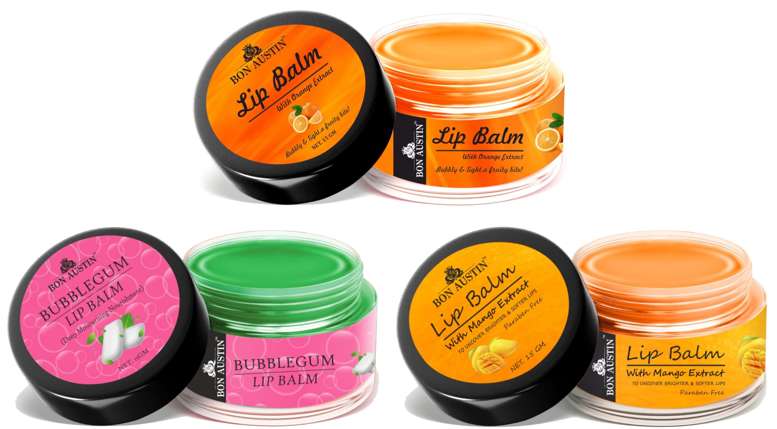 Bon Austin Bubblegum, Mango & Orange Lip Balm | For Dry, Cracked And Chapped Lips | Lip Protection & Nourishment | Combo Of 3 It