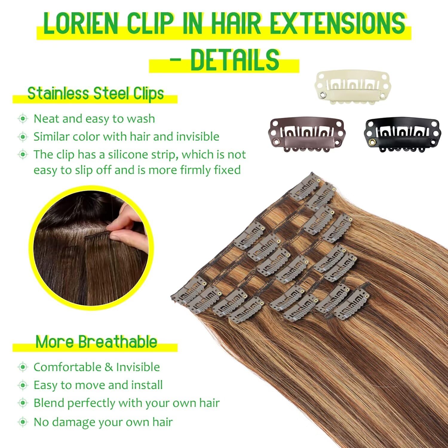 Lorien Clip In Hair Extensions Real Human Hair, 20 Inch 105G,4/27 Chocolate Brown To Caramel Blonde, Clip In 100% Brazilian Remy