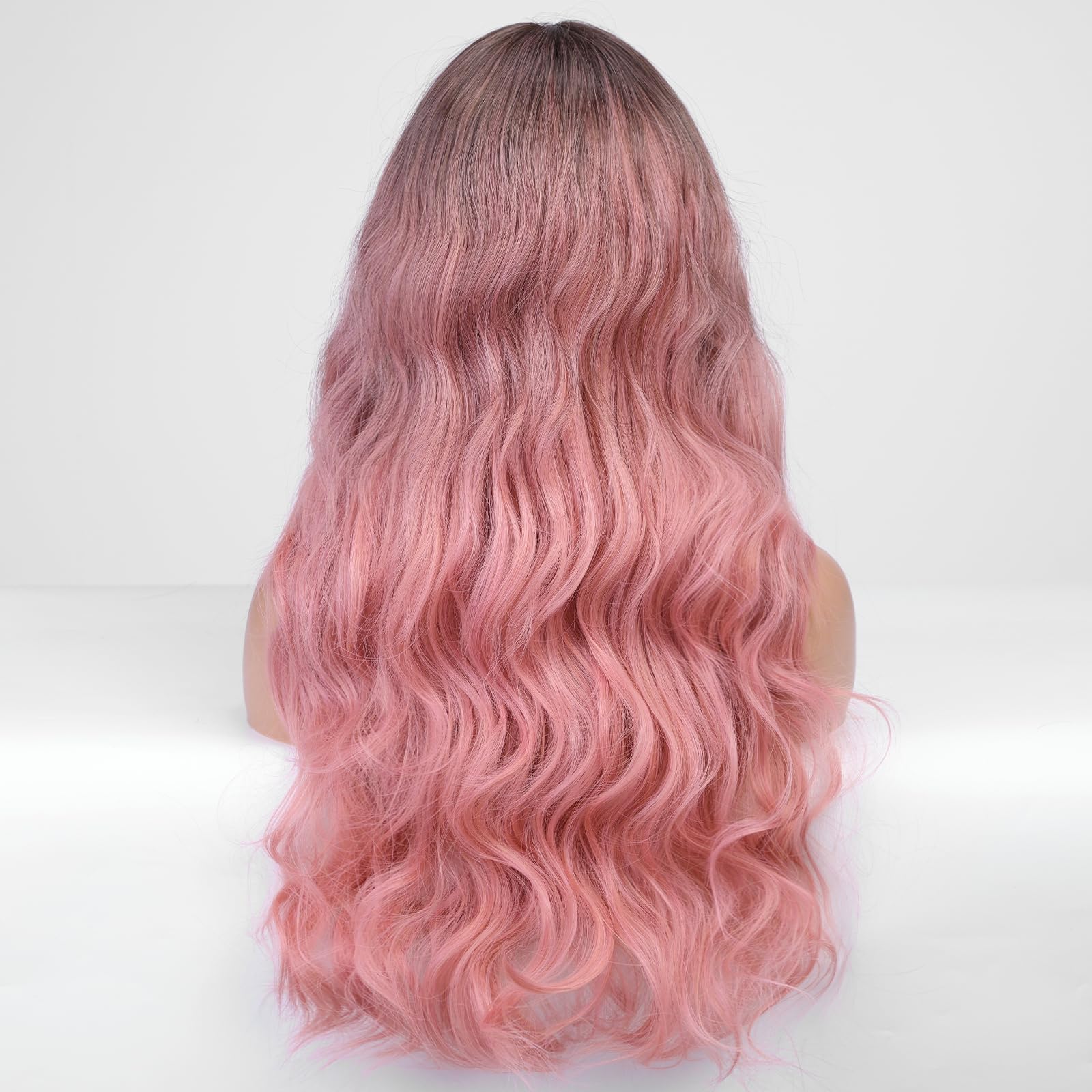 Haircube Long Pink Wavy Wig For Women Ombre Pink Wig Dark Root 26 Inch With Bangs Curly Wavy Wig Natural Looking Synthetic Heat