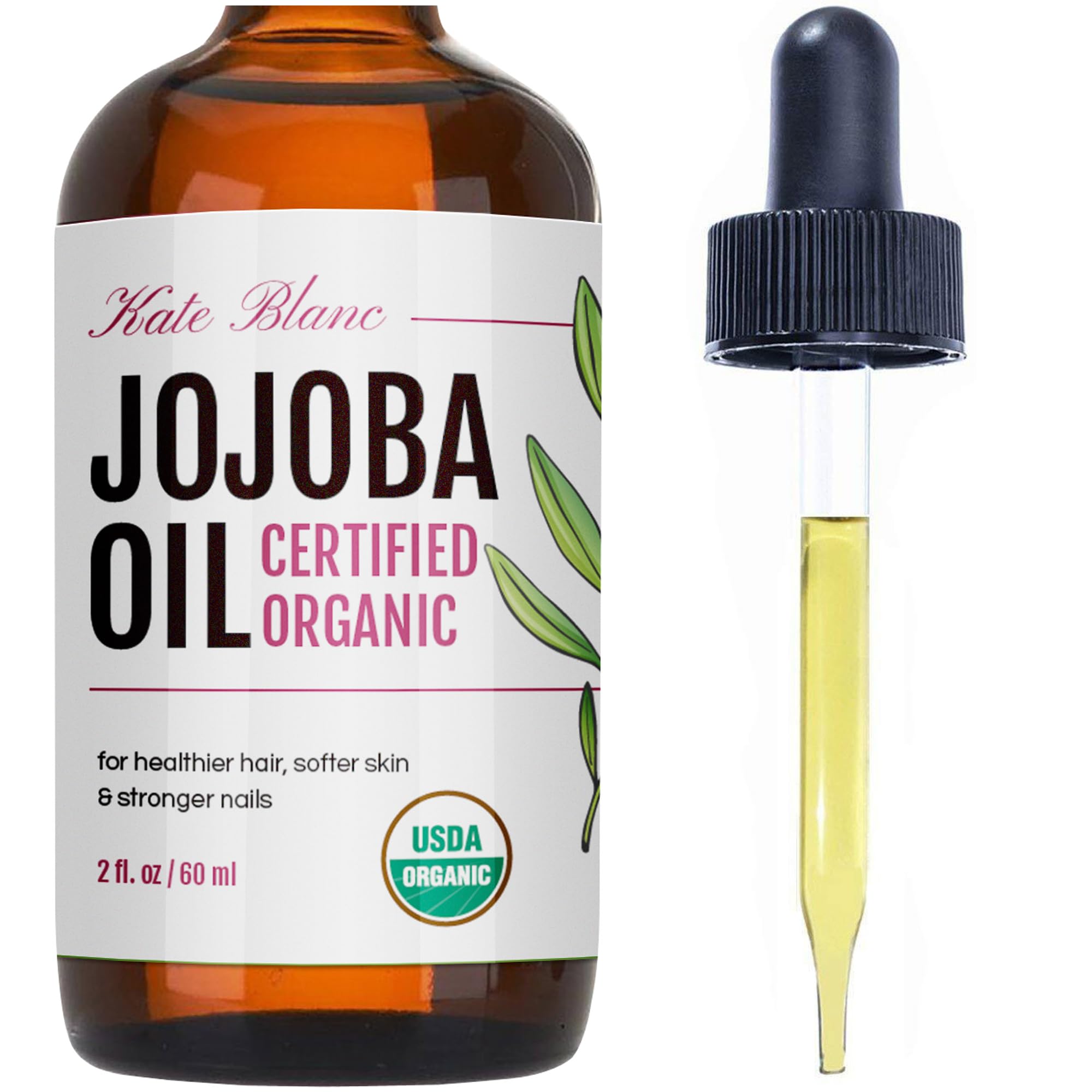 Kate Blanc Cosmetics Jojoba Oil For Hair Growth, Skin & Face (2Oz) Facial Oil For Gua Sha Massage. 100% Pure & Natural Hair Oil
