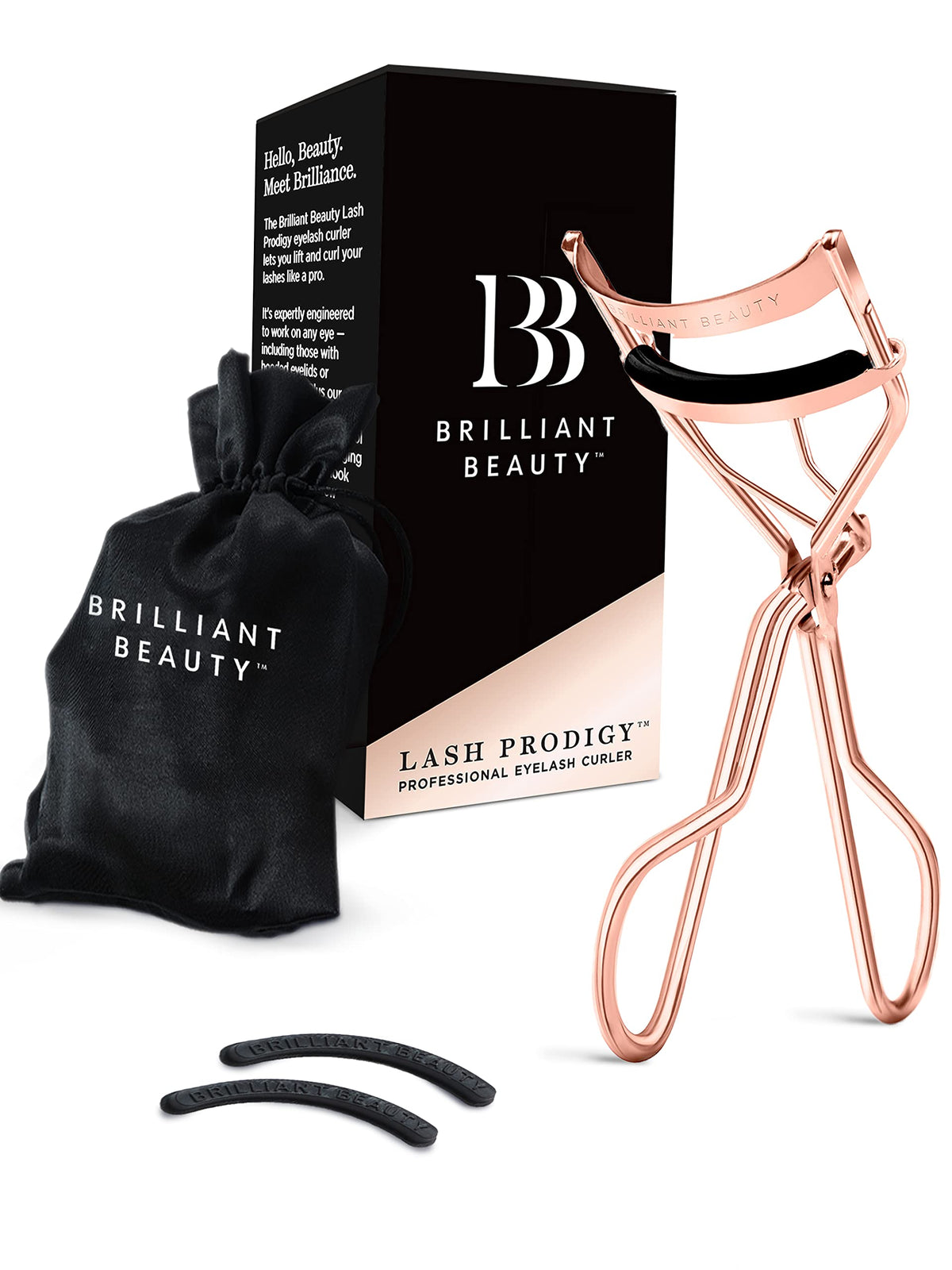 Brilliant Beauty Eyelash curler with Satin Bag & Refill Pads - Award Winning - No Pinching, Just Dramatically curled Eyelashes f