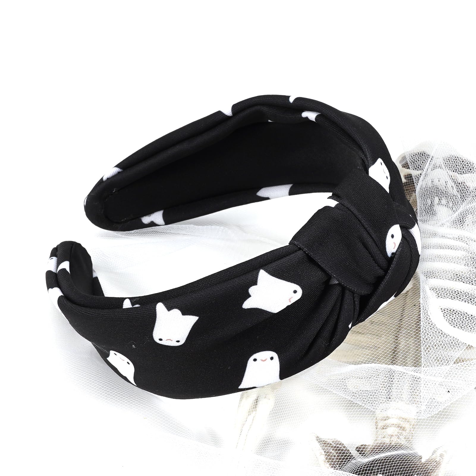 Budsmile Halloween Headbands for Women Girls Gifts Spooky Ghost Knotted Wide Headband Embellished Costume Party Outfits Hair Acc