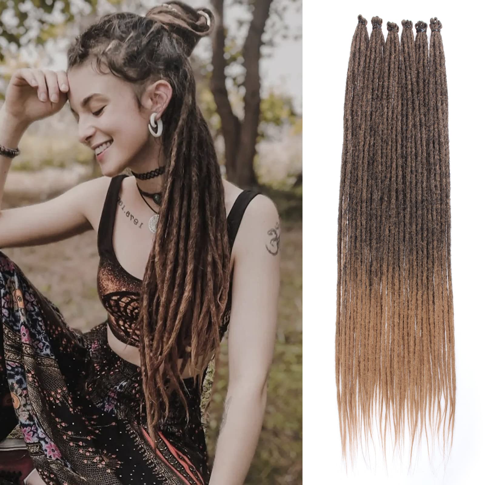 Leeven Thin 36 Inch Dreadlock Extensions 20 Strands Single Ended Ombre Honey Blonde Dreads Reggae Crochet Braiding Hair 0.6 cm W
