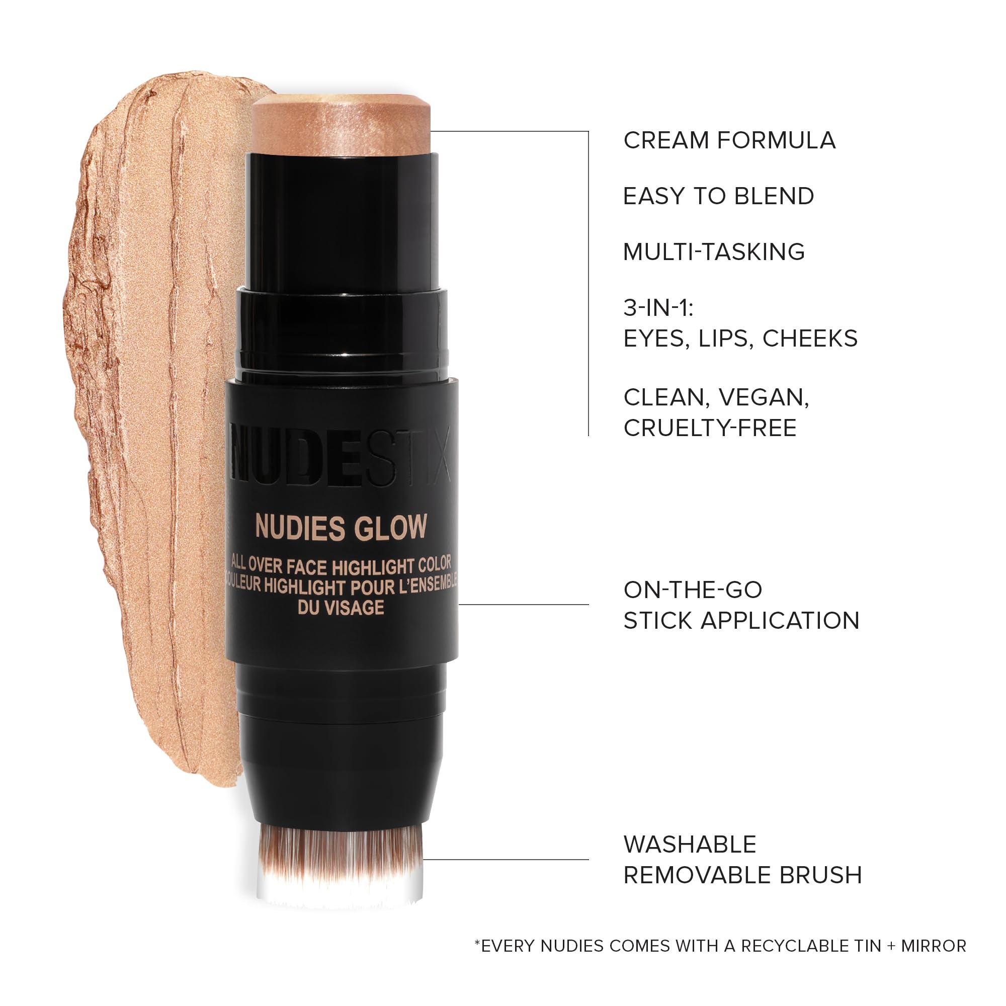 Nudestix Nudies Glow Highlighter Stick W/Blending Brush, Dewy Cream Makeup For Cheeks, Eyes, Lips, Soft Metallic Glowy Face Colo