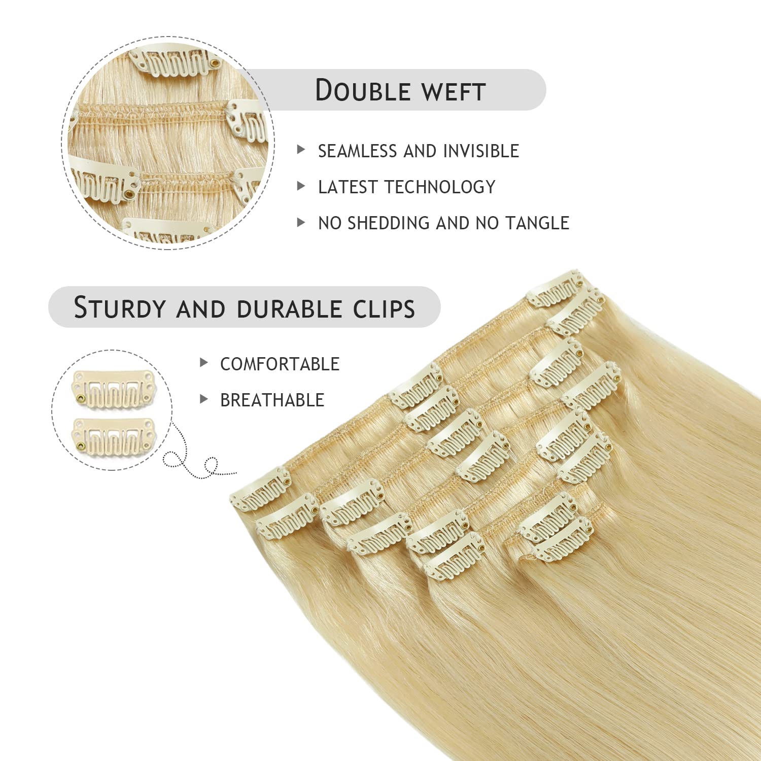 Yilite Clip in 18 Inch 120g 8pcs Real Human Hair Natural Silky Double Weft Hair Extensions (18inch #613 Bleach Blonde)