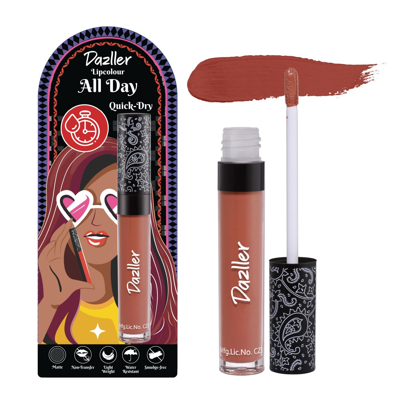Dazller All Day Lipcolour Quick Dry|Moisturizing Kokum Butter|NonTransfer & SmudgeProof|8Hr Stay|Liquid Lipstick For Women|Qdl