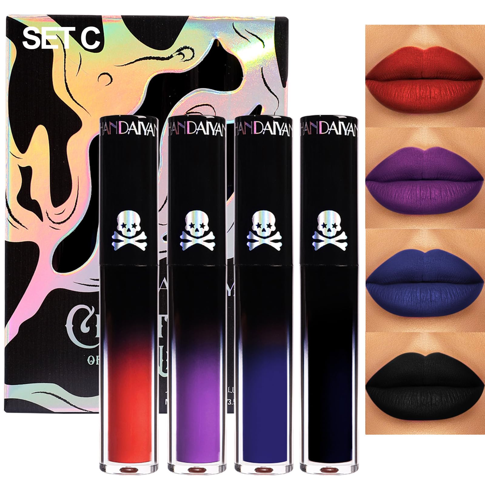 Aseawave 4Pcs Dark Red Purple Blue Black Matte Liquid Lipstick Sets,Matte Lipstick Lip Stain Long Lasting 24 Waterproof Lip Glos