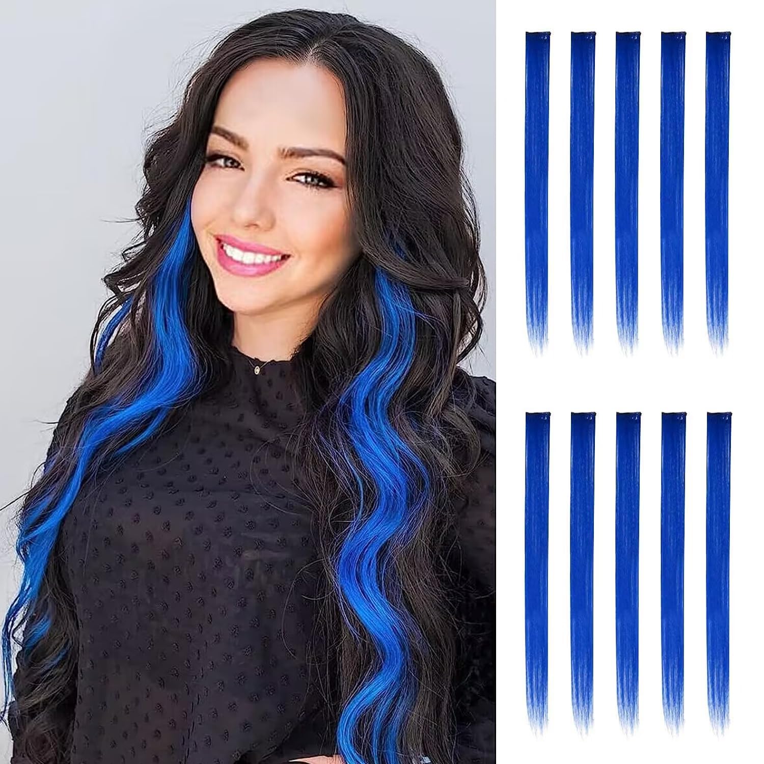 FESHFEN Colored Hair Extensions, 10 PCS Dark Blue Hairpieces for Women Highlight Colorful Straight Clip in Hair Extensions for D