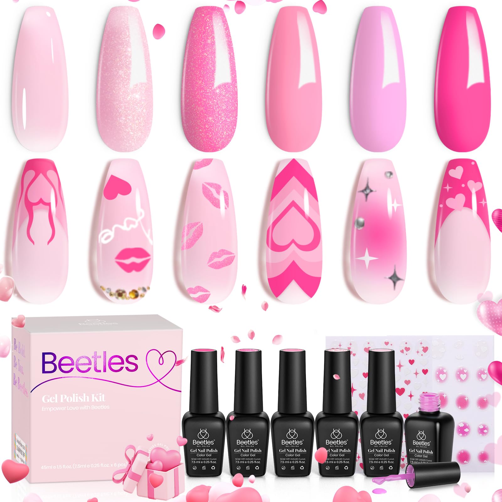 Beetles Pink Gel Nail Polish, 6 Colors Hot Pink Glitter Bright Pink Jelly Pink Valentine Gel Polish Soak off Uv LED Cured Nail A