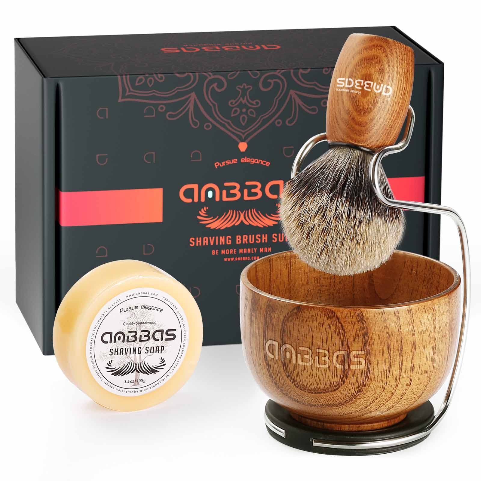 Anbbas 4in1 Shaving Set, Pure Badger Hair Shaving Brush Wood Handle and Large Soap Bowl,Stainless Steel Shaving Stand with 3.5OZ