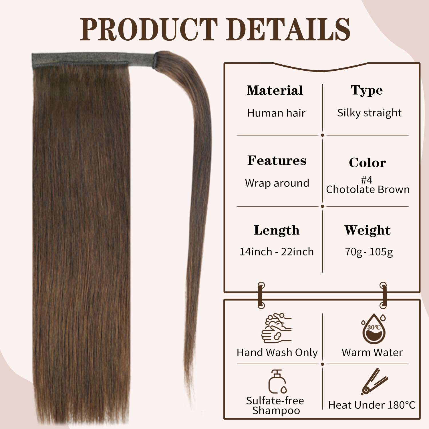 18'' Human Hair Ponytail Extension 85G #4 Chocolate Brown 100% Remy Human Hair Wrap Around Long Ponytail Clip In Hair Extensions