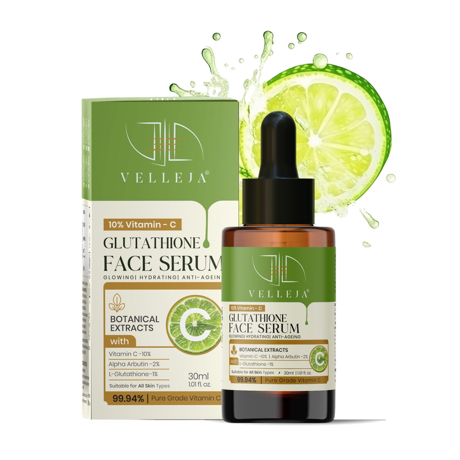 Velleja 10% Vitamin C + Glutathione Face Serum For Dark Spots & Pigmentation | 5% Niacinamide + 2% Alpha Arbutin | Brightening &