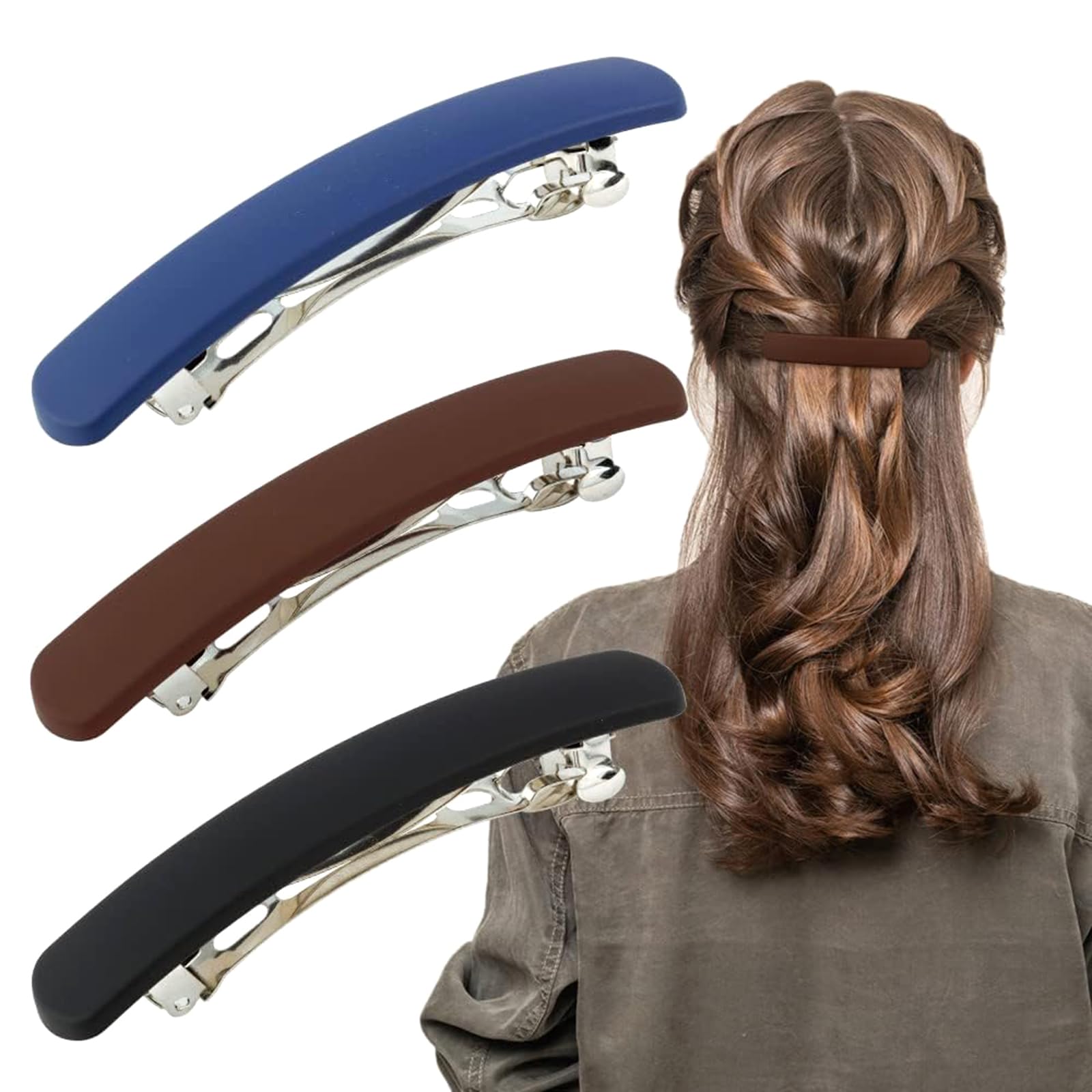 Barrettes For Fine Hair, Matte Flat Hair Clips For Women, Secure Hold For Thin Hair Styling, Set Of 3 Barrettes In Blue Brown Bl