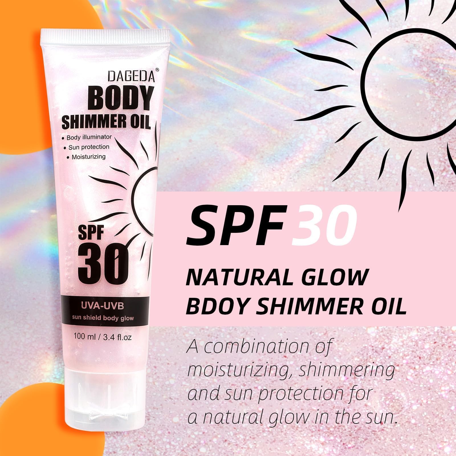 DAGEDA Body Glow Oil, SPF 30 Broad Spectrum Glitter Sunscreen, Lightweight, Non-sticky Sunscreen Body Shimmer, Sun Protection wi