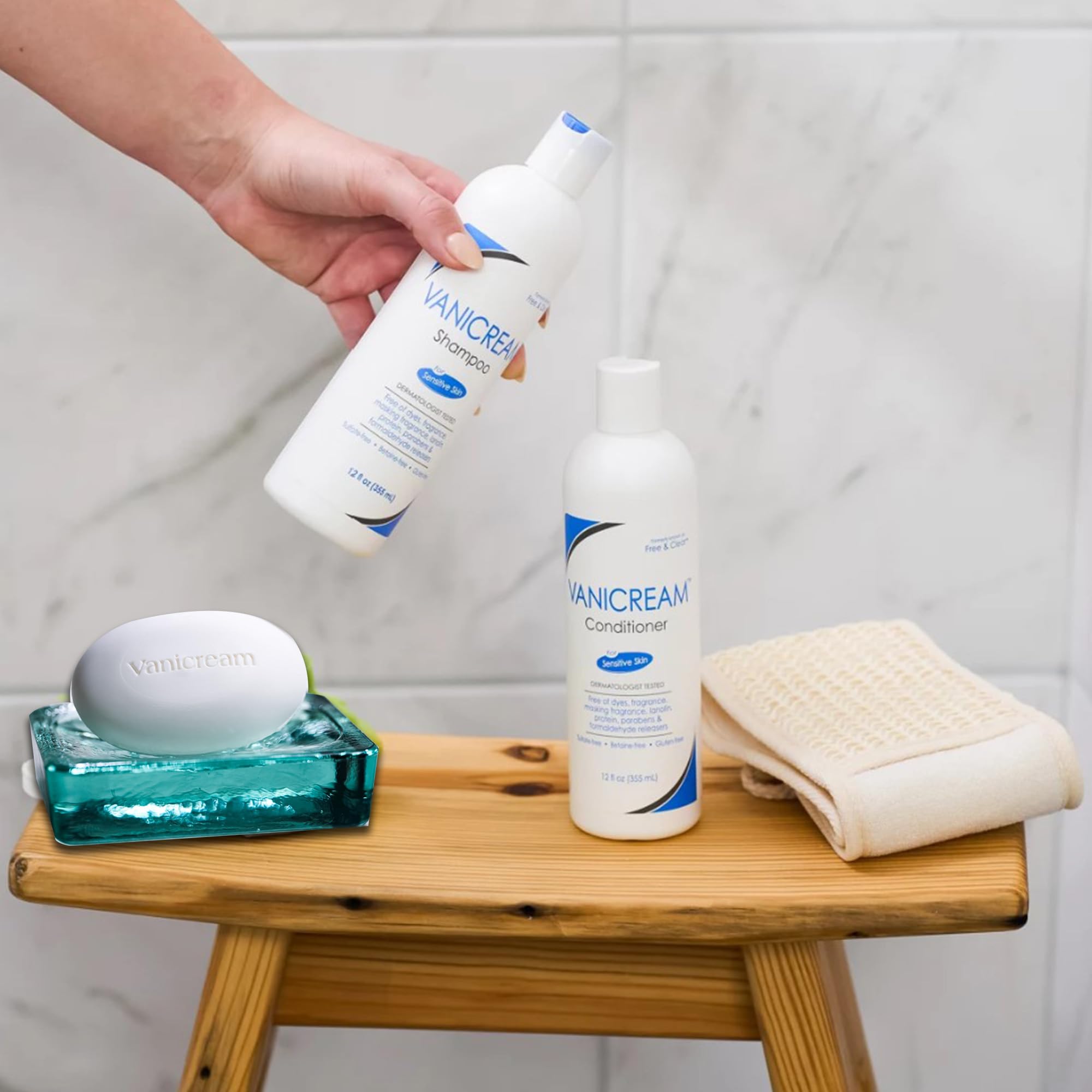 Vanicream Bundle Kit includes Vanicream Cleansing Bar (3.9 oz), Vanicream Shampoo (12 fl oz), and Vanicream Conditioner (12 fl o