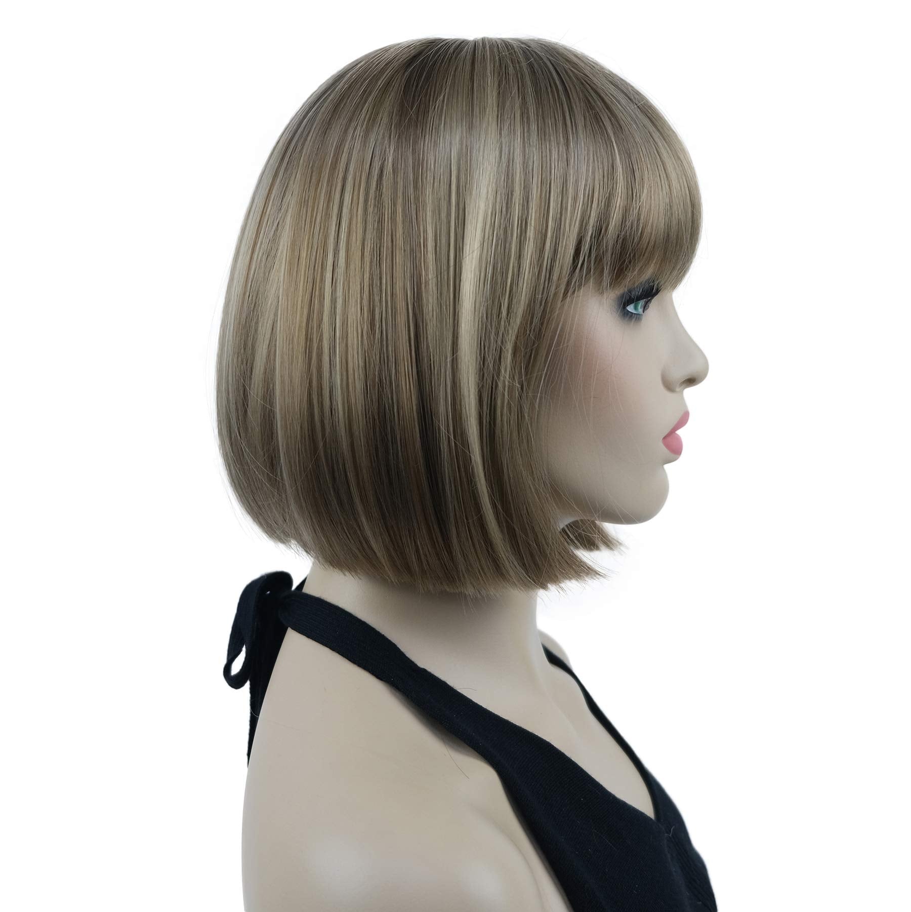 Lydell 8'' Straight Short Bob Hair Flat Bangs Cute Central Dot Skin Top Heat Resistant Synthetic Wigs (14-24 Lt Golden Brown)