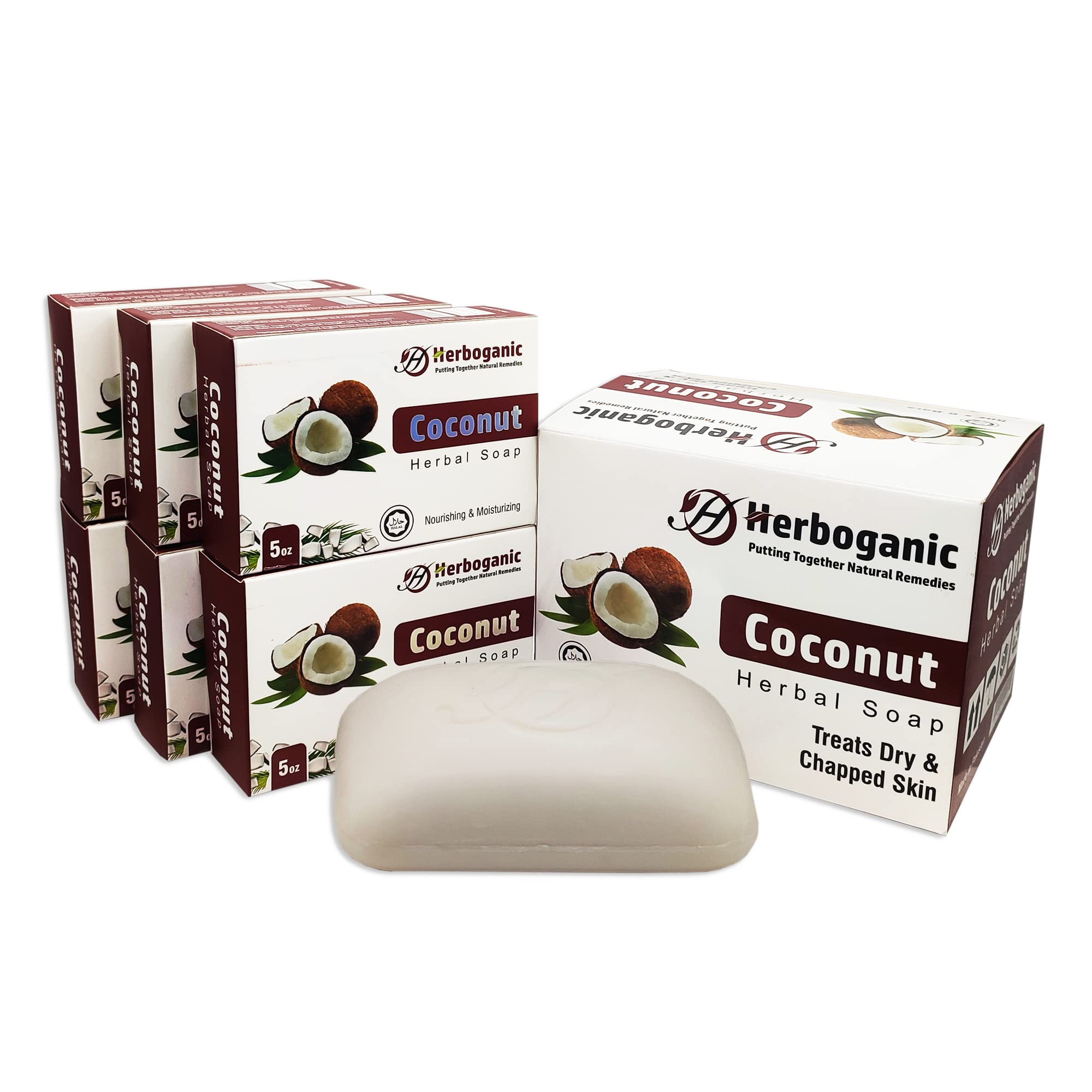 HERBOGANIC Coconut Herbal Soap | Pack of 6 of 5oz soap Bar | Ideal for Men and Women, Soothing and Nourishing Soap for Moisturiz
