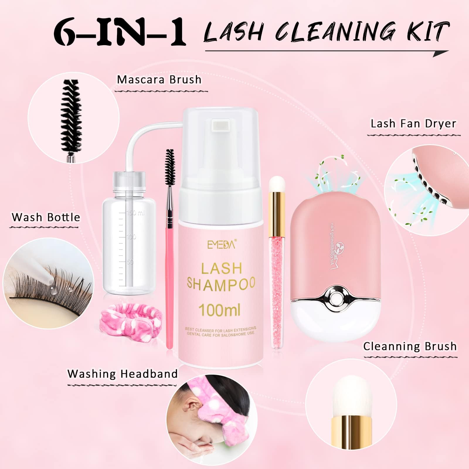 Emeda Lash Shampoo For Extensions Cleaning Bath Kit For Cluster Lashes, Fan Brush Wash Bottle Hair Band, Oil Free Foam Soap Clea