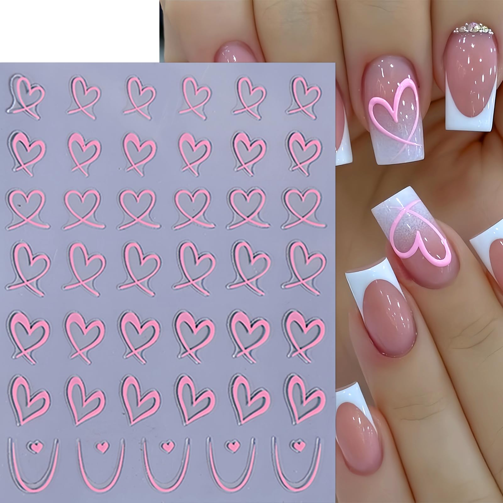 6 Sheets Valentine'S Day Heart Nail Stickers For Nail Art 3D Self Adhesive Blue Pink Heart Nail Art Stickers Black White Pink Lo