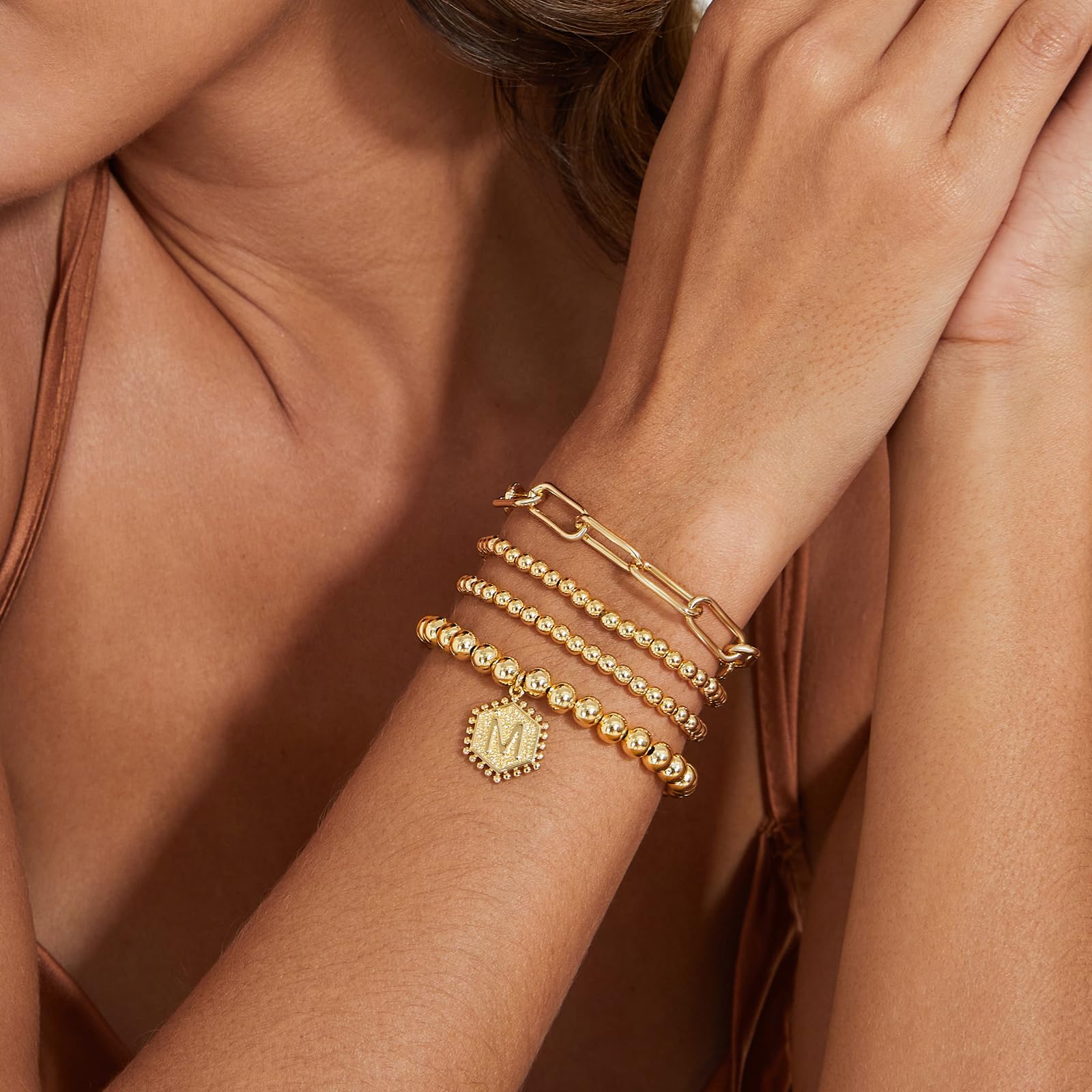 doubgood Gold Bracelets for Women, Stackable Initial Beaded Bracelet with Letter Pendant I Stretch Trendy Stack Jewelry Set for