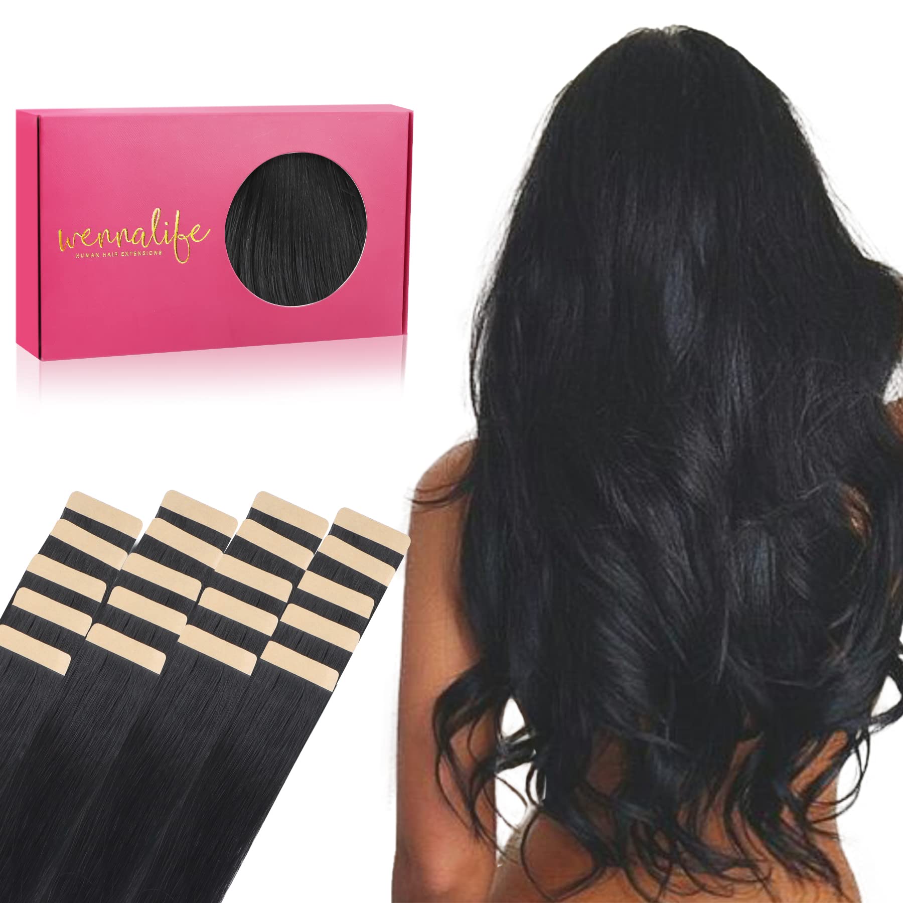 Wennalife Tape In Hair Extensions Human Hair, 20Pcs 50G 16 Inch Jet Black Remy Straight Extensions Skin Weft Tape Extensions