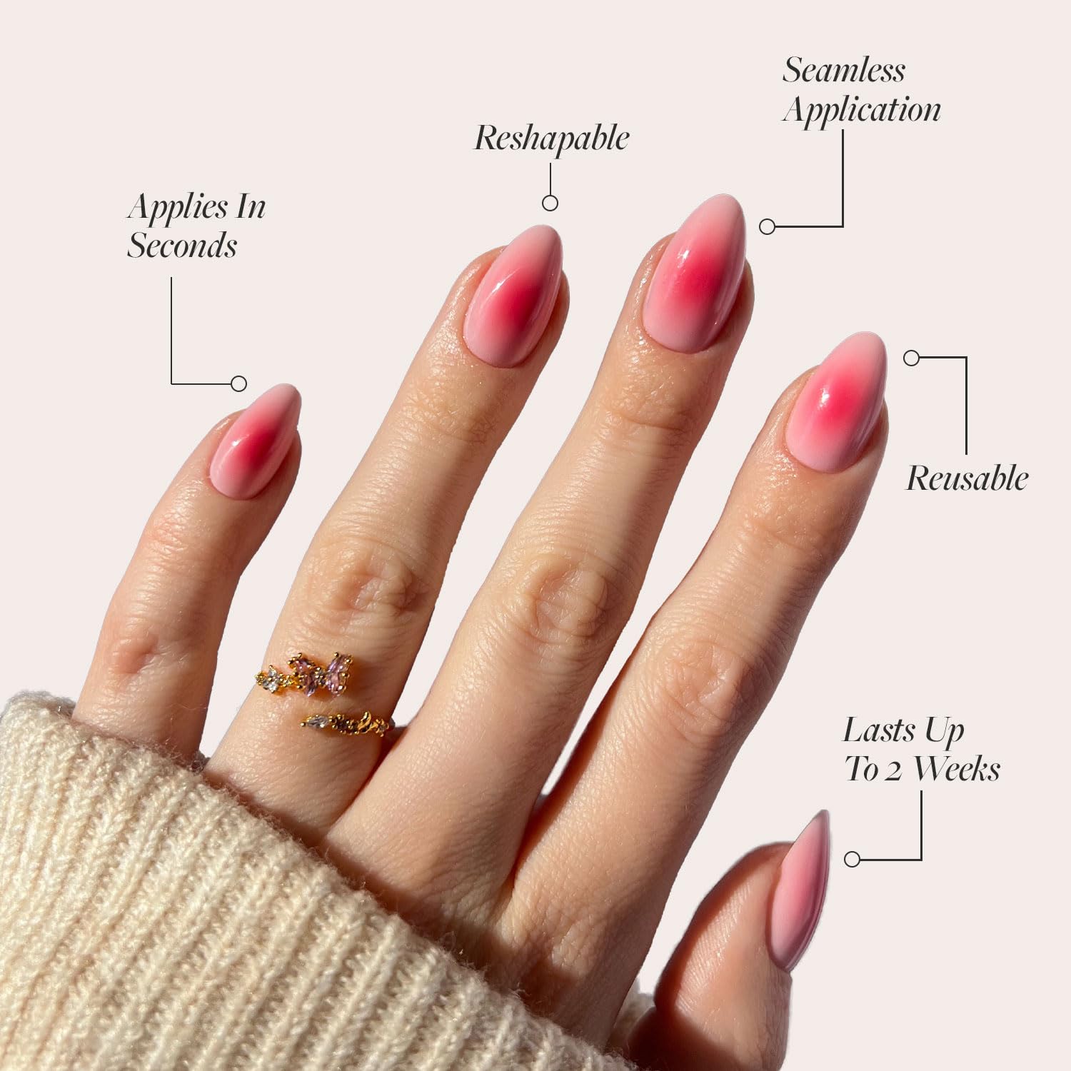Glamnetic Press On Nails - Blushing Aura | Short Almond Trendy Pink With Ombre Center Nails In A Glossy Finish | 15 Sizes - 30 N