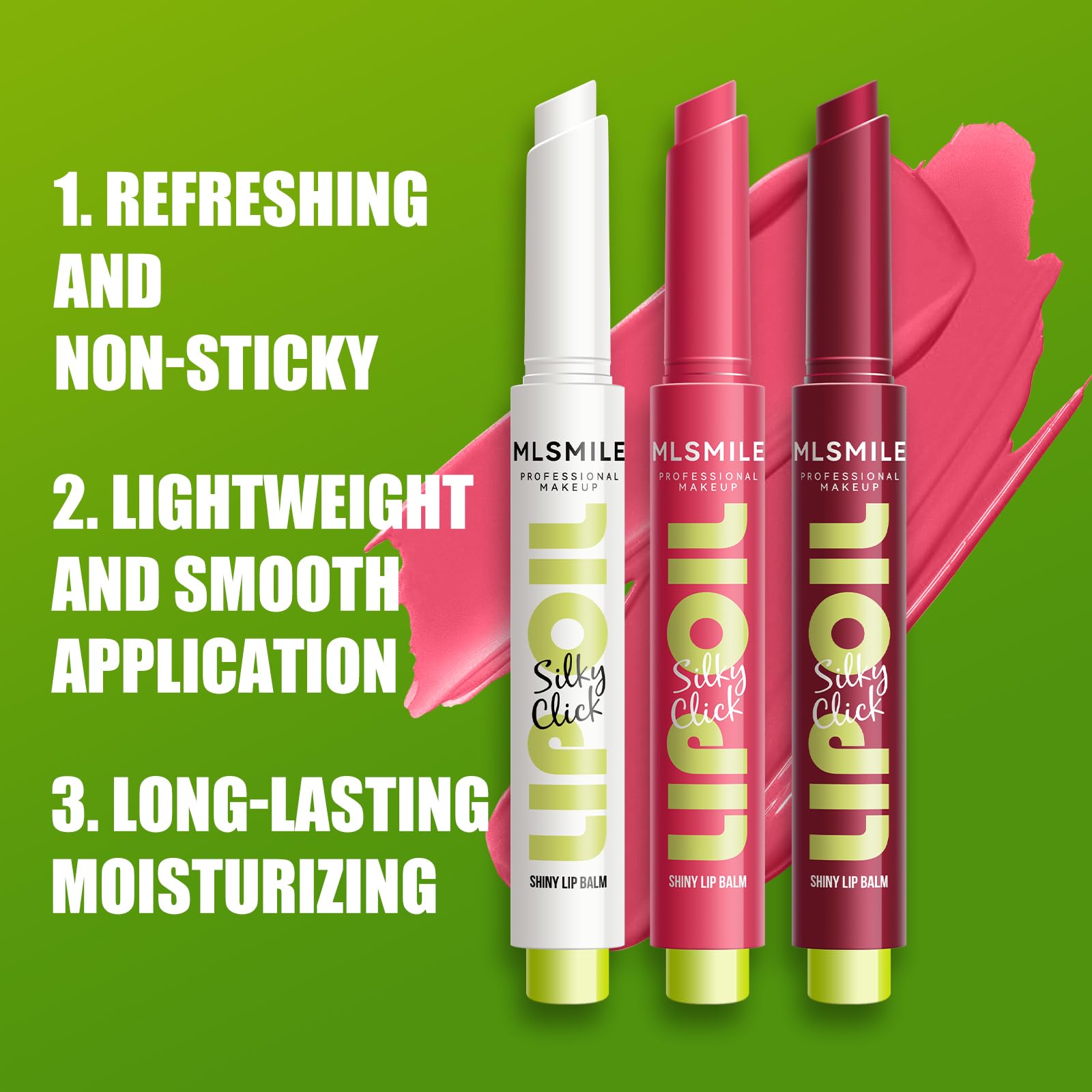 MLSMILE 3 Colors Fat Lip Oil Click Slick,Press Lipstick Set,Moisturizing Lip Balm,High Pigment Glow Lip Oil,Long-lasting,Pigment
