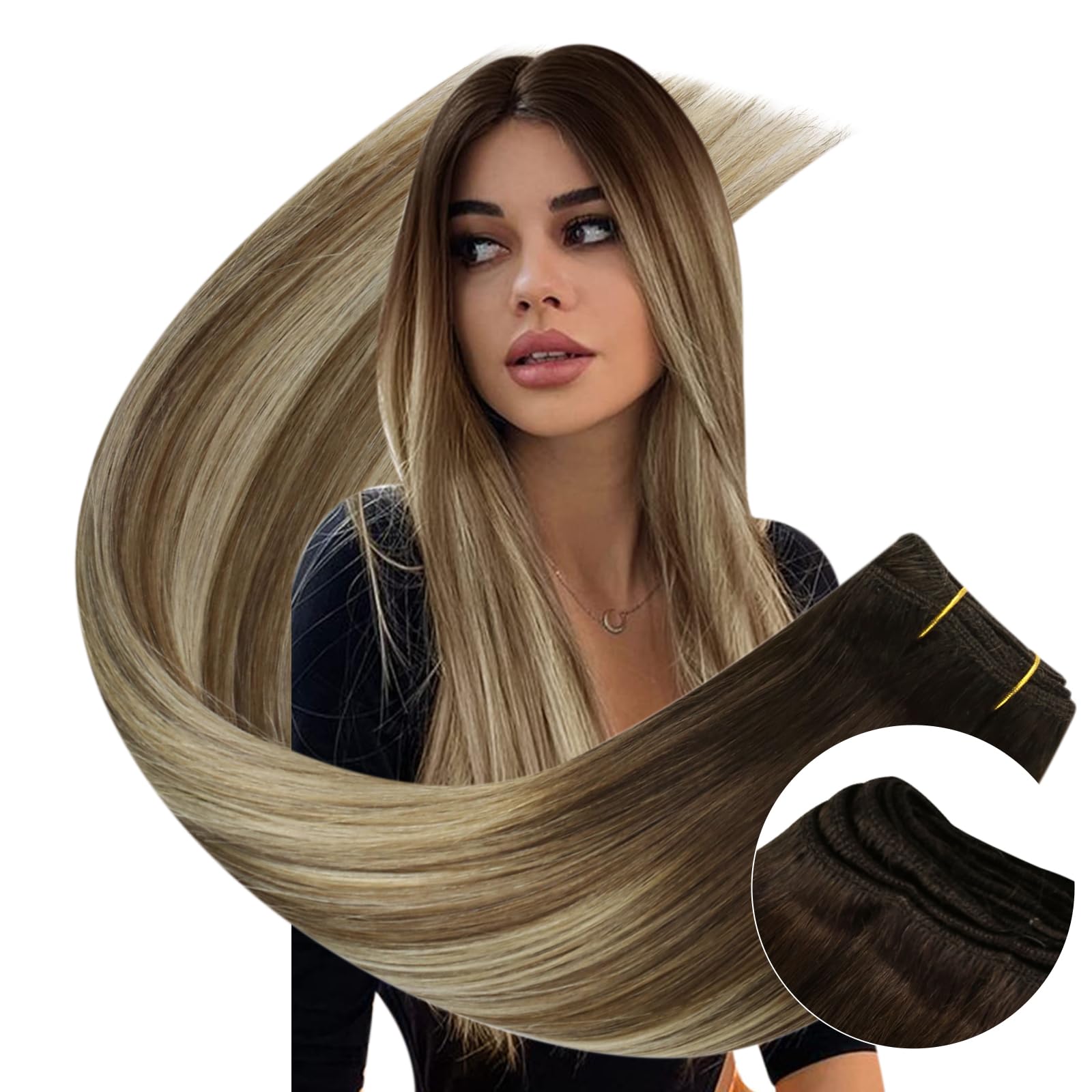 Ugeat 20 inch Remy Human Hair Weft Extensions Ombre Sew in Hair Extensions Brown Mix Blonde Balayage Hair Extensions Real Human 