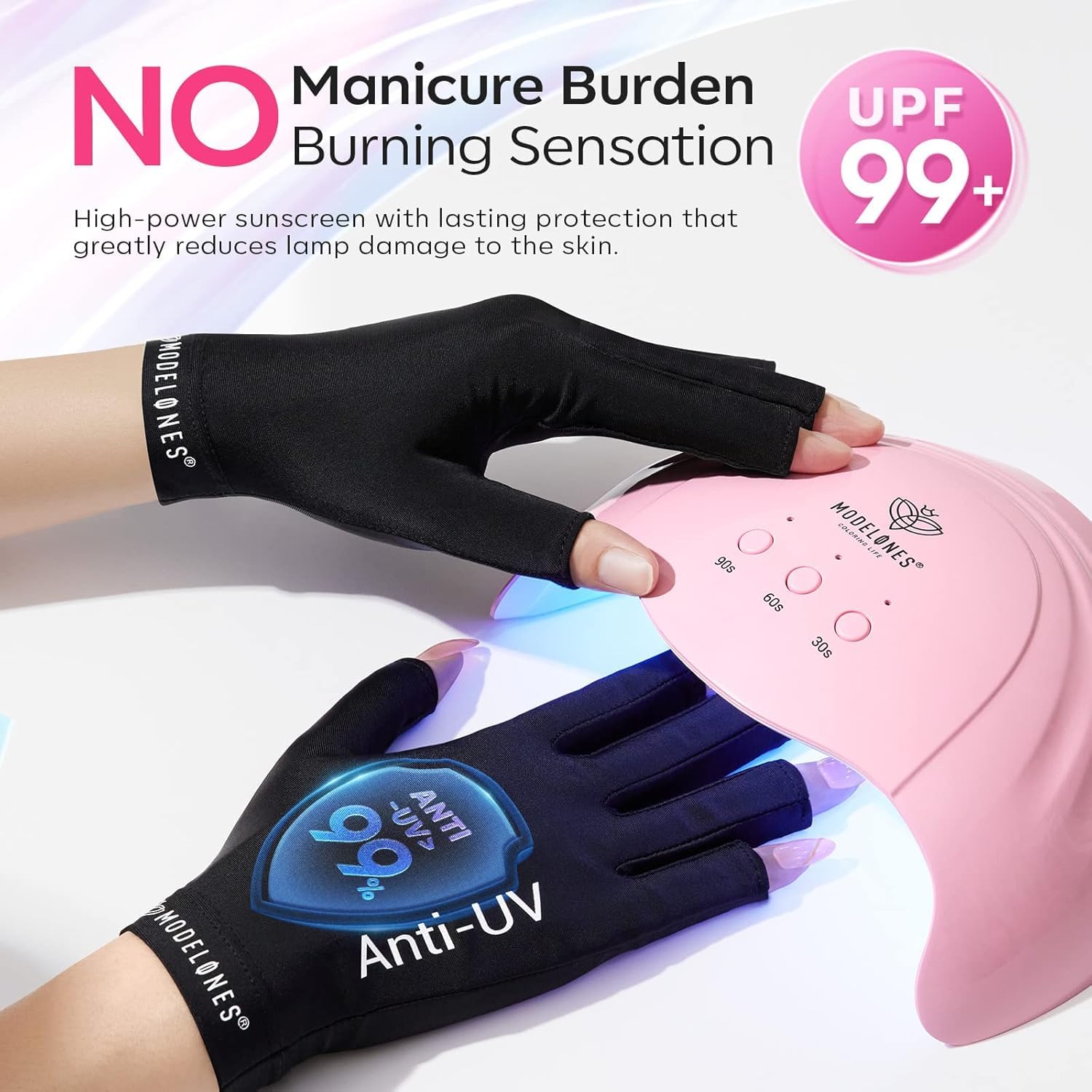modelones UV Gloves for Gel Manicures, Fingerless UPF99+ Protection, Black Anti-UV Gloves for Women, Skin Protection from UV Light