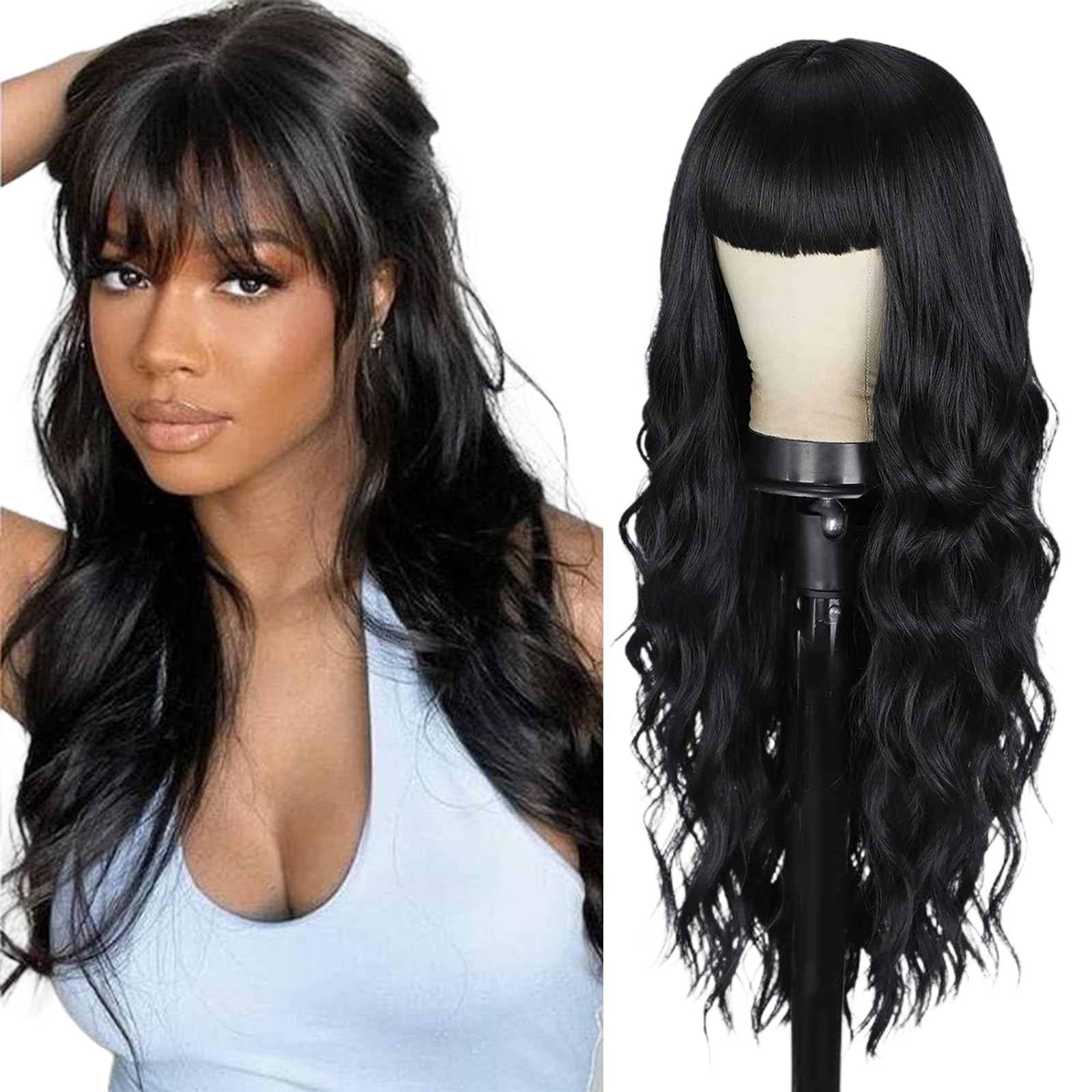 Emmor Black Wigs For Women Long Curly Wigs With Bangs Water Wavy Synthetic Wig, Party Cosplay Daily Use