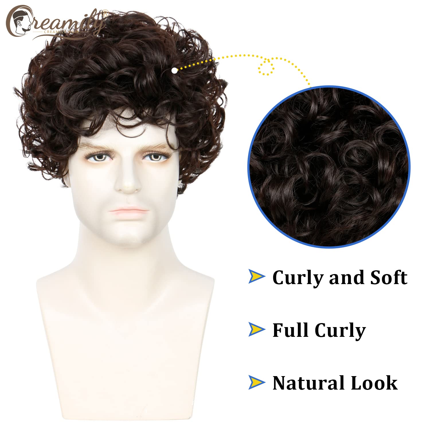 Creamily Men'S Wig Short Brown Curly Wig Fully Hair Wigs With Bangs Natural Curly Synthetic Hair Replacement Wig Party Cosplay H