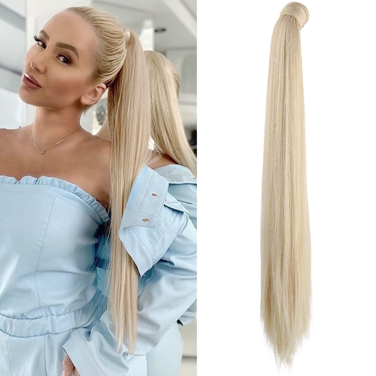 SEIKEA 28 Inch Clip in Ponytail Extension Wrap Around Long Straight Pony Tail Hair Synthetic Hairpiece for Women Color Cool Plat