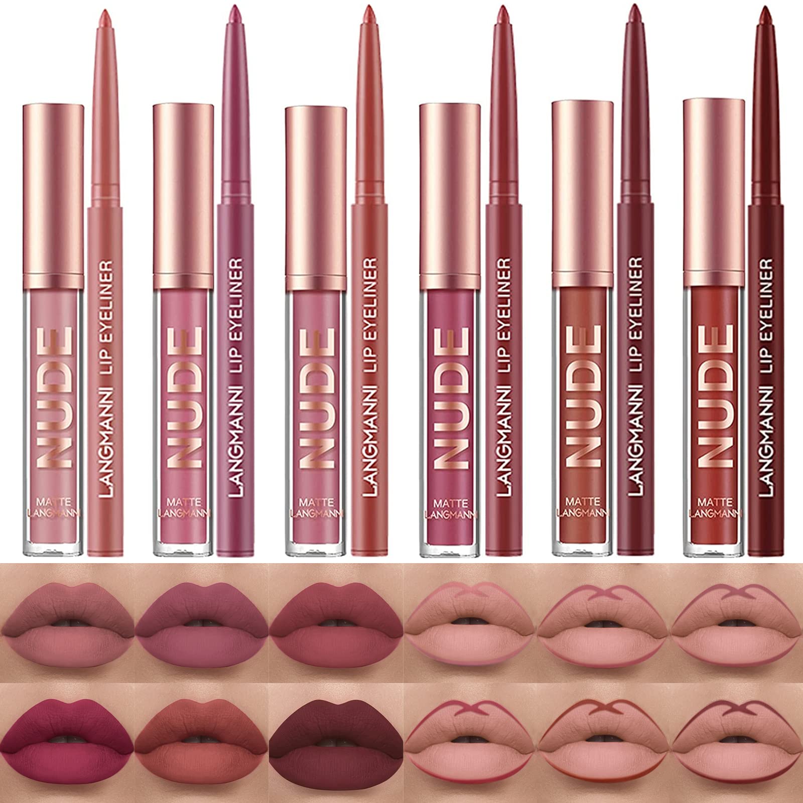 Langmanni 6 Matte Lipstick With 6 Lipliners Durable Makeup Set,Long-Lasting Non-Stick Cup Not Fade Waterproof Pigmented Velvet L