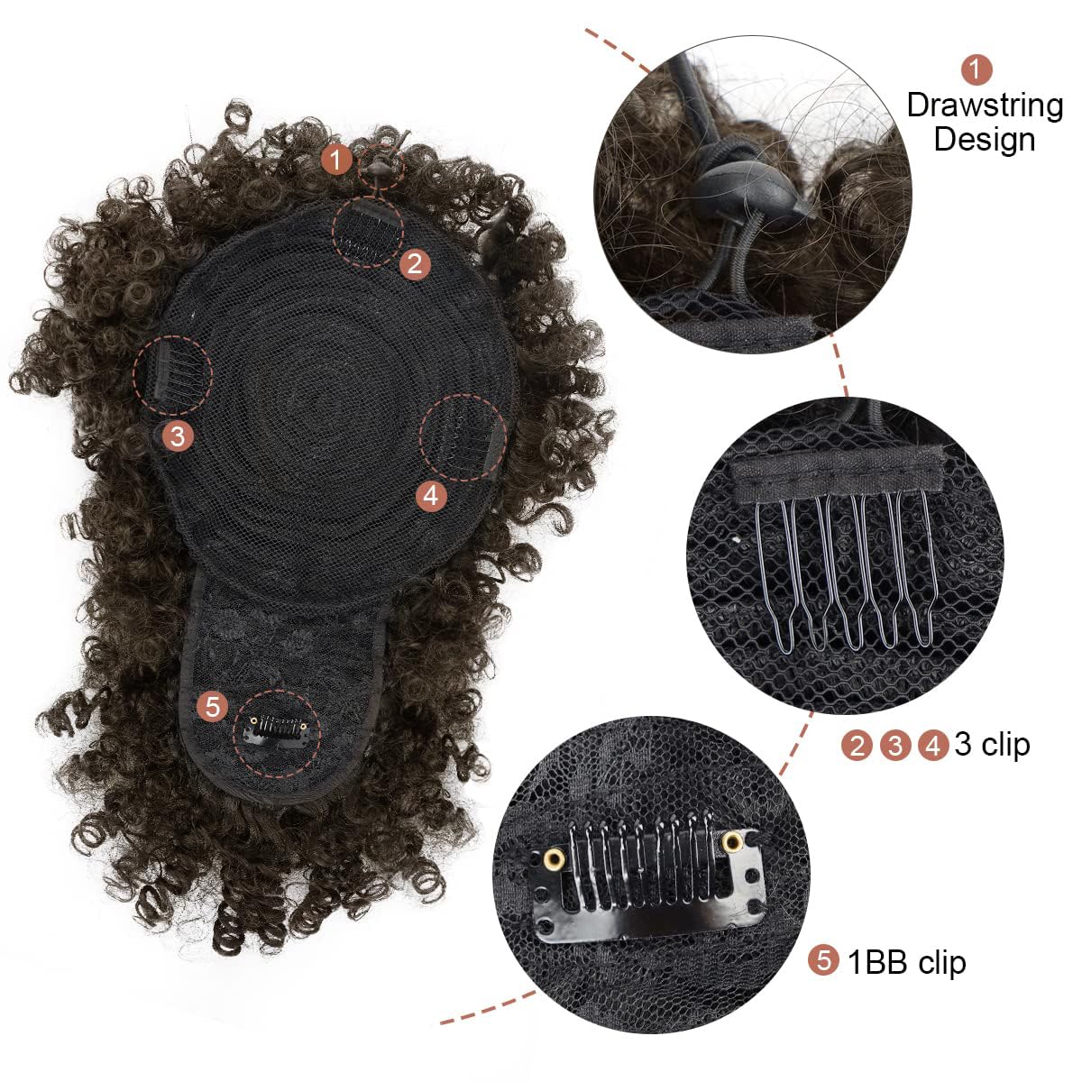 Entranced Styles Drawstring Ponytail With Bangs Afro Puff Extensions For Women Short Curly Clip In Wrap Updo Hairpiece(2B)